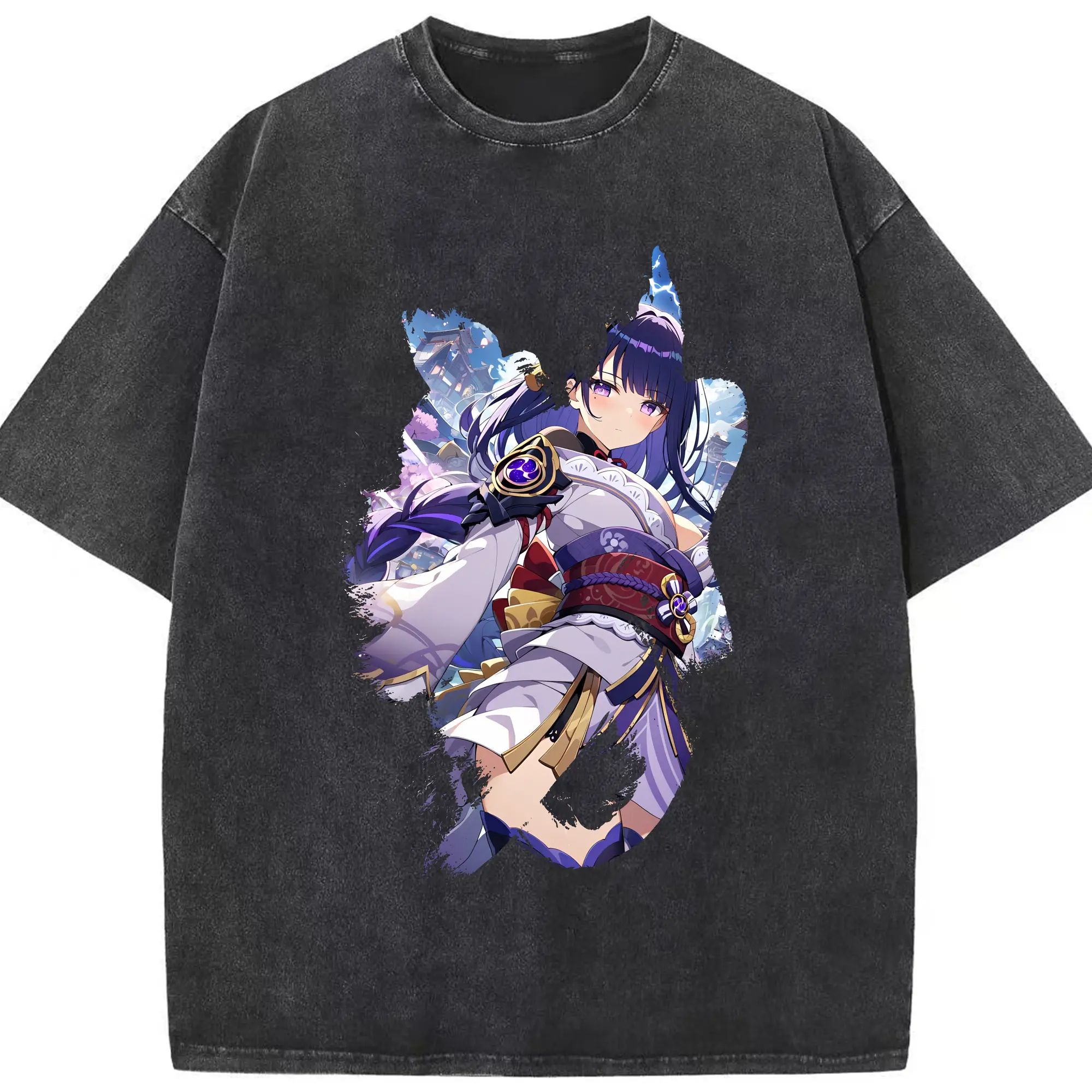 原 神 グッズ 雷電将軍 - 綿100％ ヴィンテージ風 半袖Tシャツ ・ フロントプリント ・ 柔らか肌触り ・ 通気性 快適 ・ スポーツ カジュアル 外出用