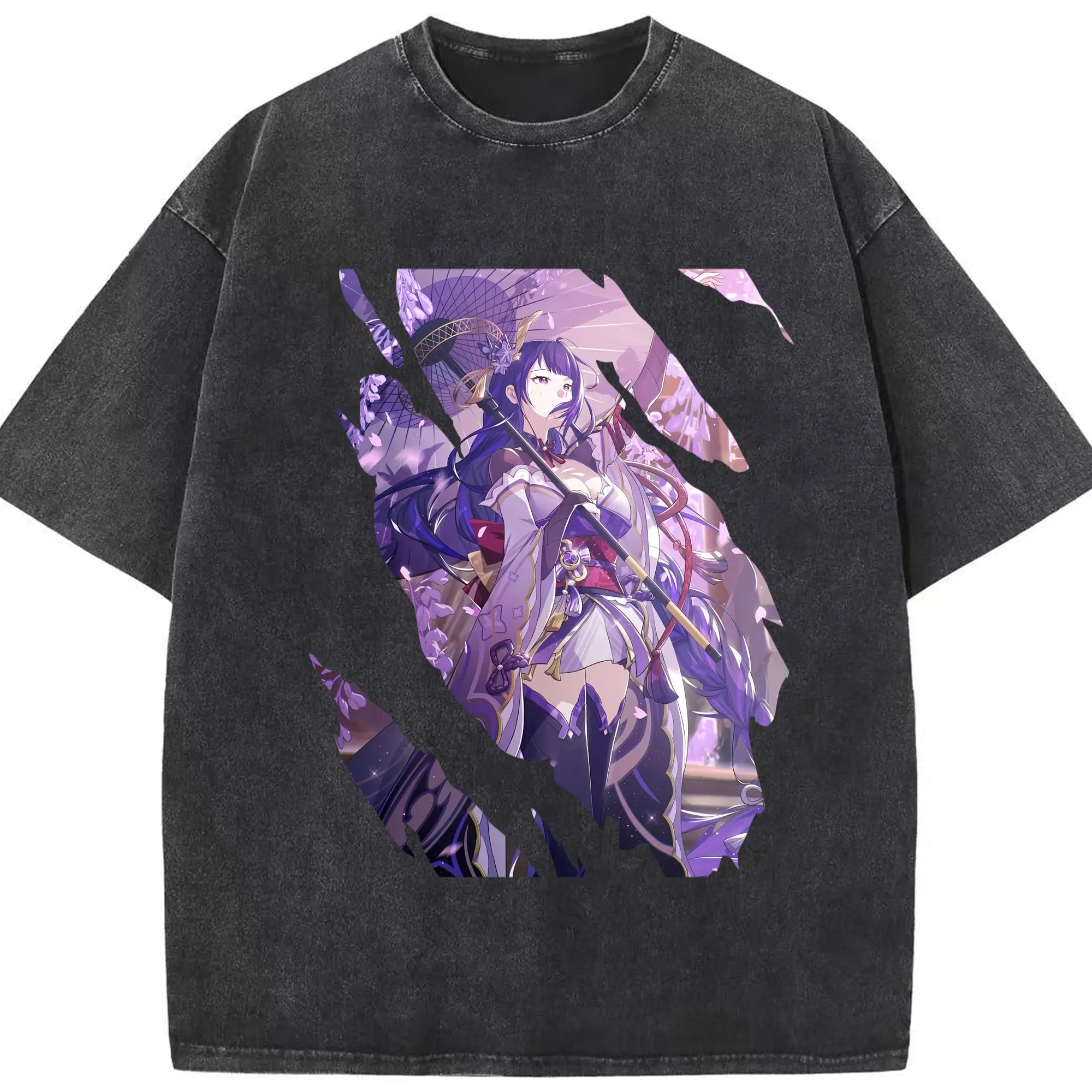 原 神 グッズ 雷電将軍 - 綿100％ ヴィンテージ風 半袖Tシャツ ・ フロントプリント ・ 柔らか肌触り ・ 通気性 快適 ・ スポーツ カジュアル 外出用