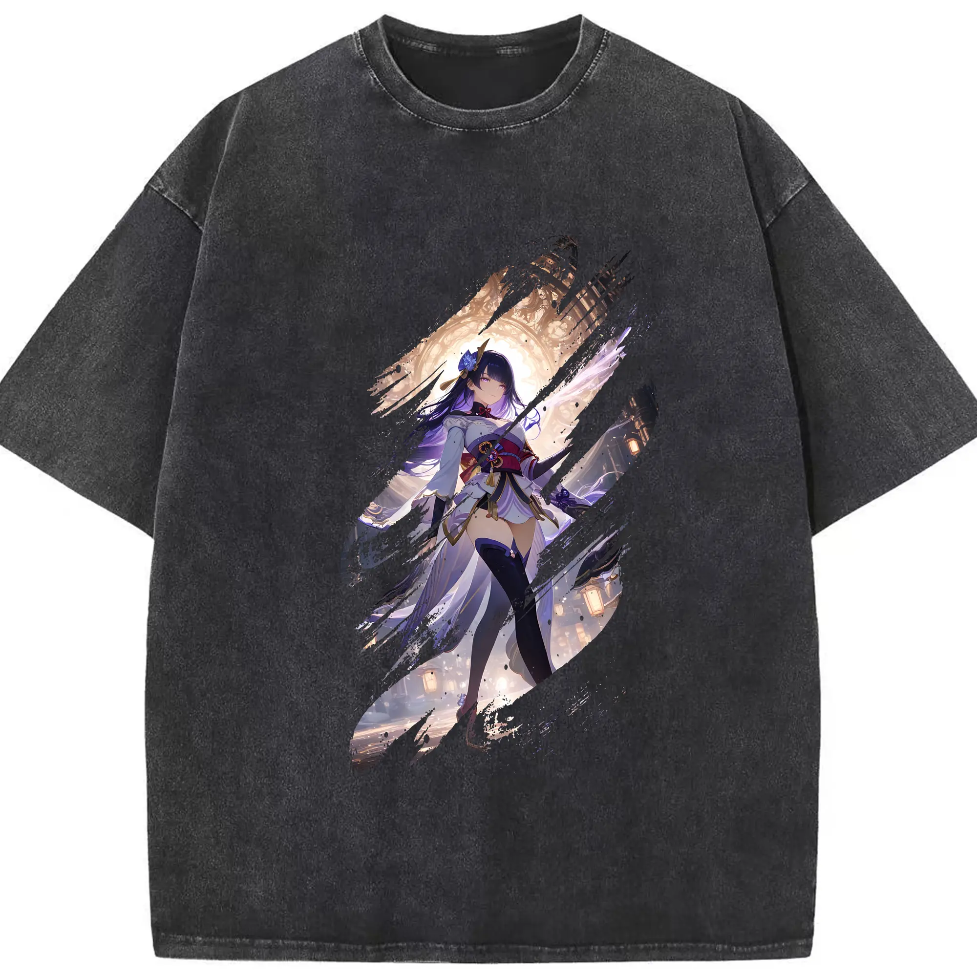 原 神 グッズ 雷電将軍 - 綿100％ ヴィンテージ風 半袖Tシャツ ・ フロントプリント ・ 柔らか肌触り ・ 通気性 快適 ・ スポーツ カジュアル 外出用