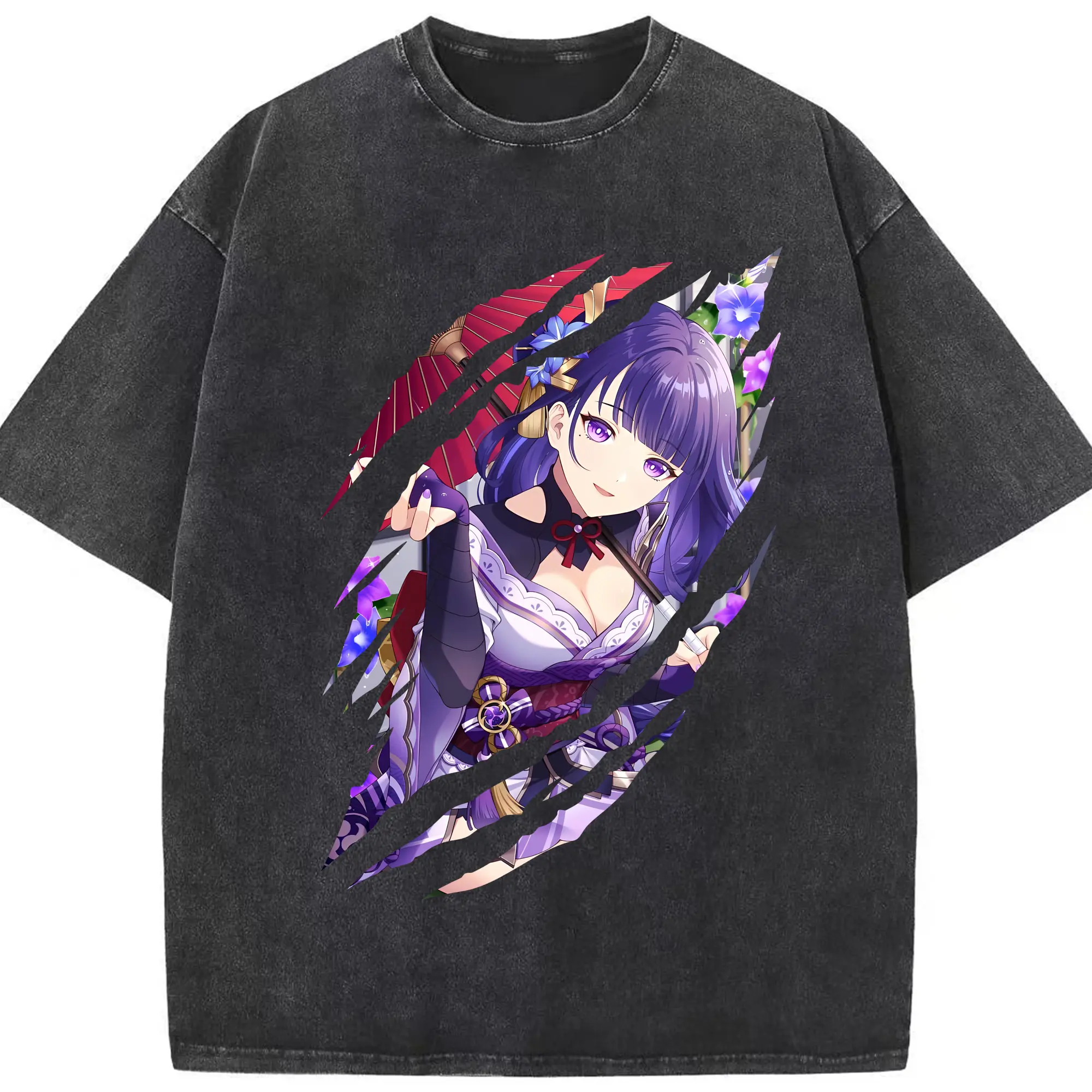 原 神 グッズ 雷電将軍 - 綿100％ ヴィンテージ風 半袖Tシャツ ・ フロントプリント ・ 柔らか肌触り ・ 通気性 快適 ・ スポーツ カジュアル 外出用