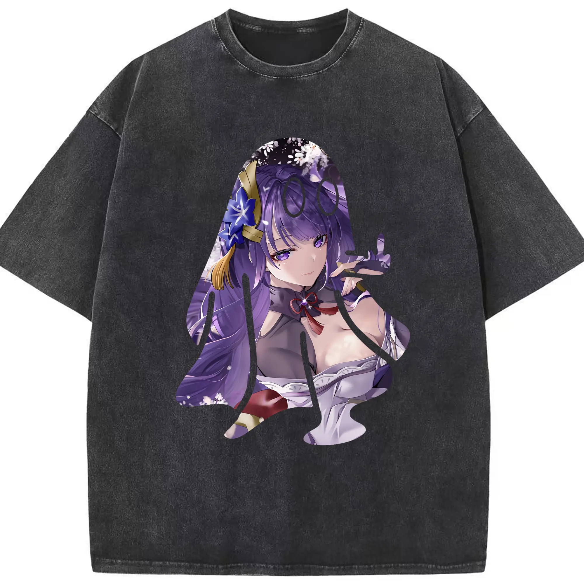 原 神 グッズ 雷電将軍 - 綿100％ ヴィンテージ風 半袖Tシャツ ・ フロントプリント ・ 柔らか肌触り ・ 通気性 快適 ・ スポーツ カジュアル 外出用