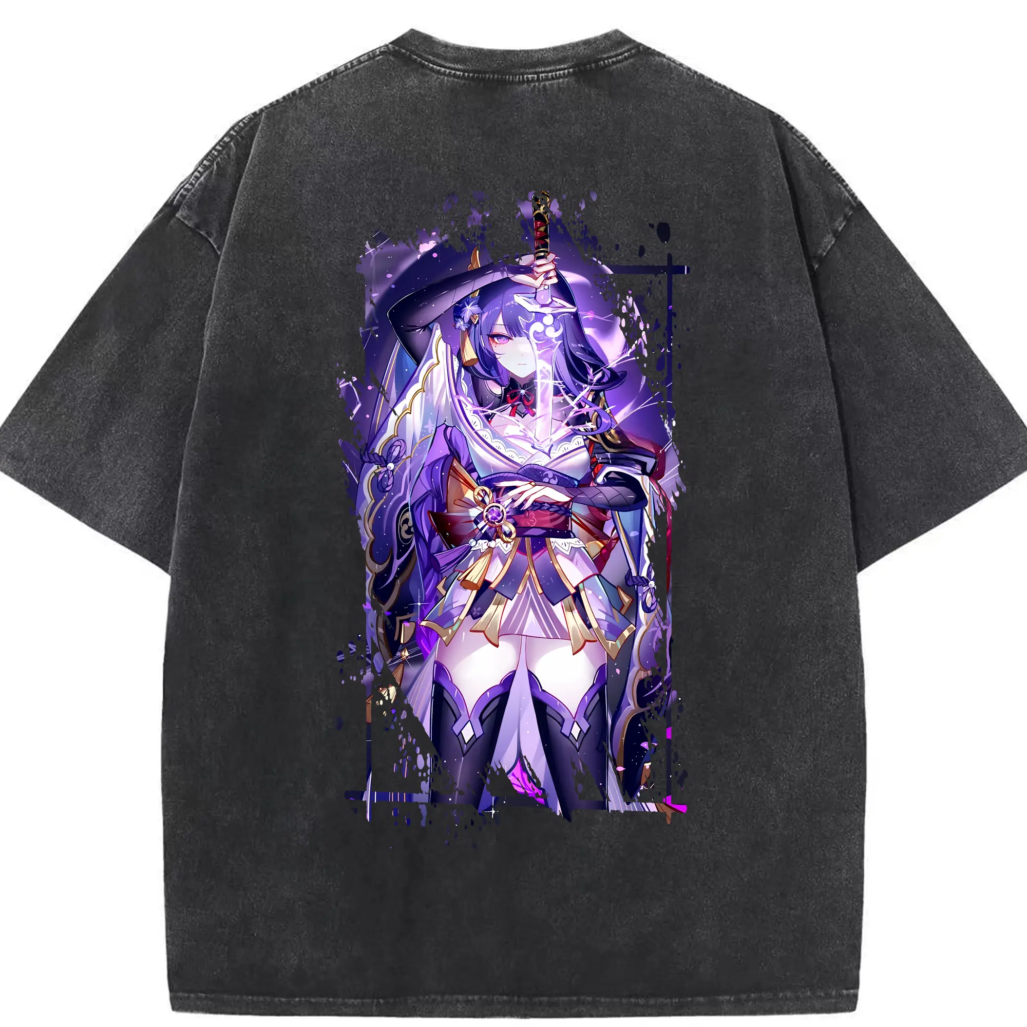 原 神 グッズ 雷電将軍 - 綿100％ ヴィンテージ風 半袖Tシャツ ・ 背面プリント ・ 柔らか肌触り ・ 通気性 快適 ・ スポーツ カジュアル 外出用