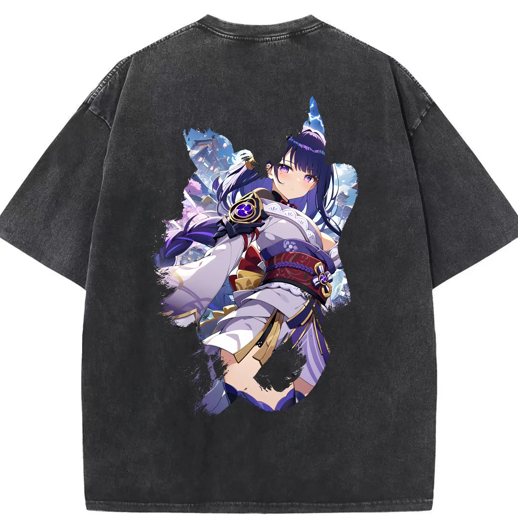 原 神 グッズ 雷電将軍 - 綿100％ ヴィンテージ風 半袖Tシャツ ・ 背面プリント ・ 柔らか肌触り ・ 通気性 快適 ・ スポーツ カジュアル 外出用