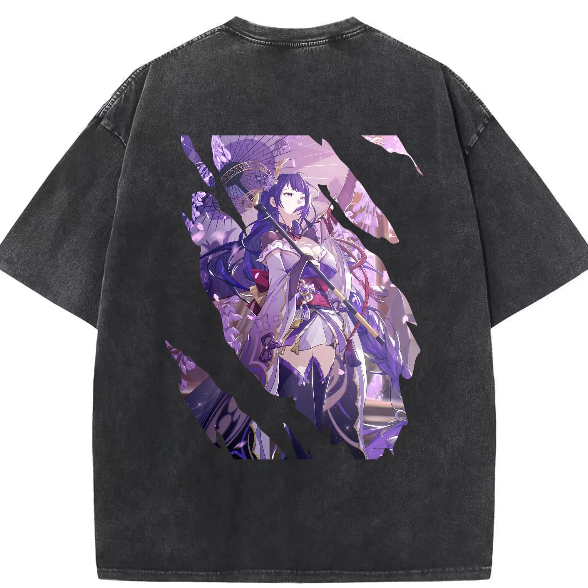 原 神 グッズ 雷電将軍 - 綿100％ ヴィンテージ風 半袖Tシャツ ・ 背面プリント ・ 柔らか肌触り ・ 通気性 快適 ・ スポーツ カジュアル 外出用