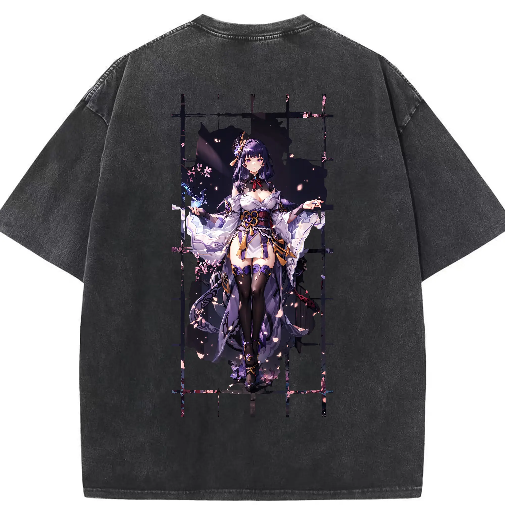 原 神 グッズ 雷電将軍 - 綿100％ ヴィンテージ風 半袖Tシャツ ・ 背面プリント ・ 柔らか肌触り ・ 通気性 快適 ・ スポーツ カジュアル 外出用