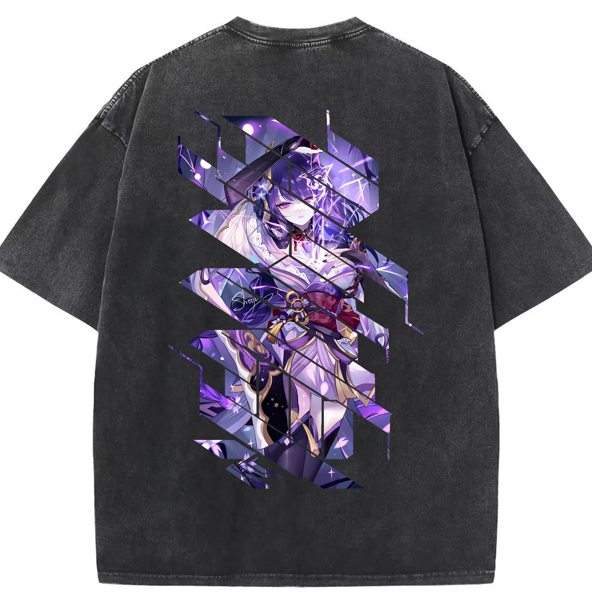 原 神 グッズ 雷電将軍 - 綿100％ ヴィンテージ風 半袖Tシャツ ・ 背面プリント ・ 柔らか肌触り ・ 通気性 快適 ・ スポーツ カジュアル 外出用