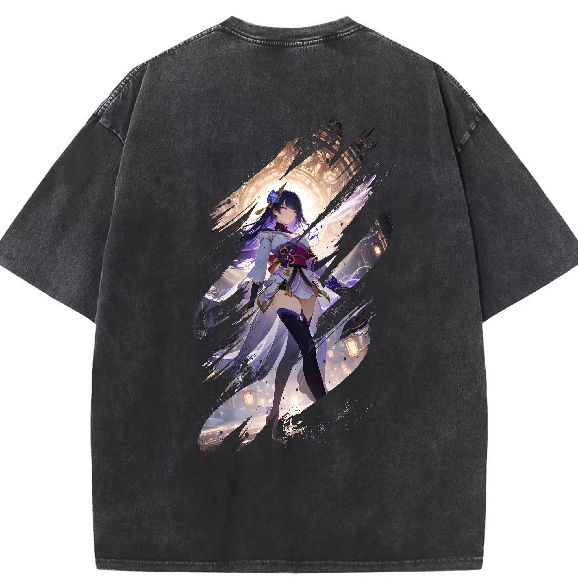 原 神 グッズ 雷電将軍 - 綿100％ ヴィンテージ風 半袖Tシャツ ・ 背面プリント ・ 柔らか肌触り ・ 通気性 快適 ・ スポーツ カジュアル 外出用