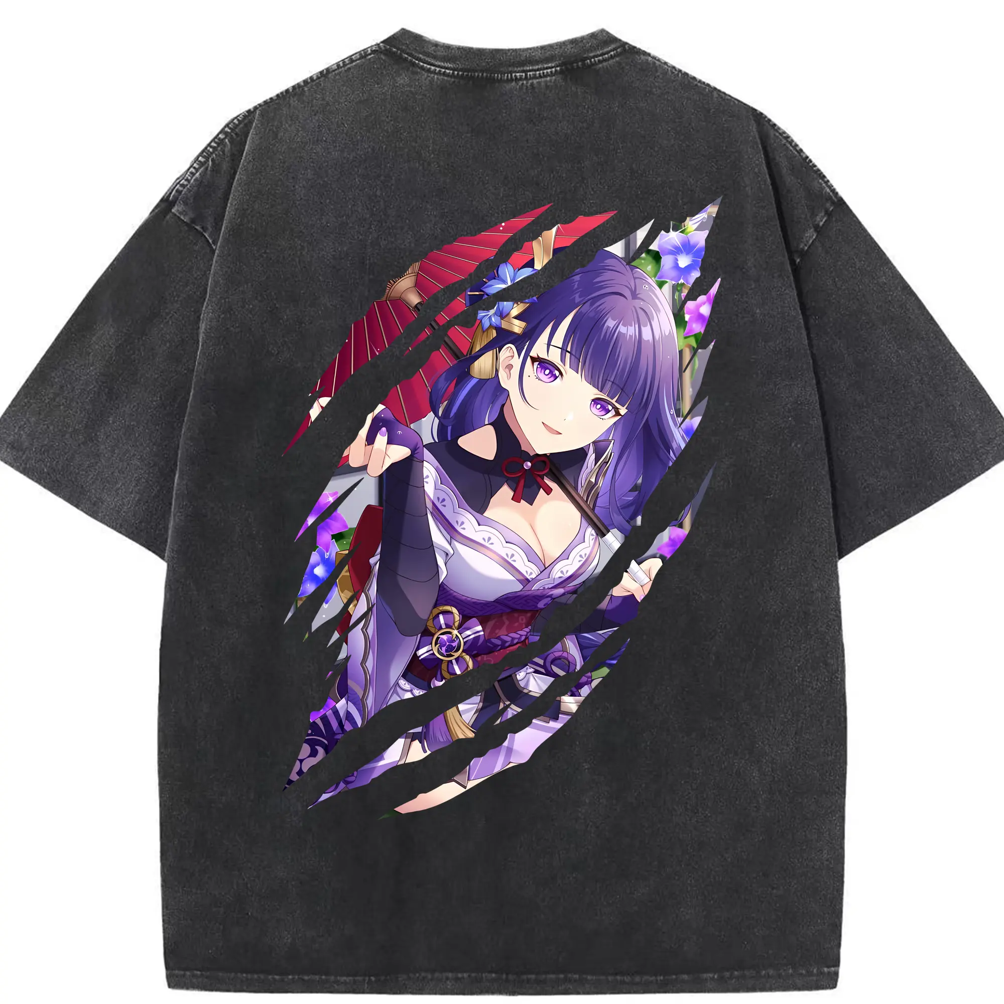 原 神 グッズ 雷電将軍 - 綿100％ ヴィンテージ風 半袖Tシャツ ・ 背面プリント ・ 柔らか肌触り ・ 通気性 快適 ・ スポーツ カジュアル 外出用