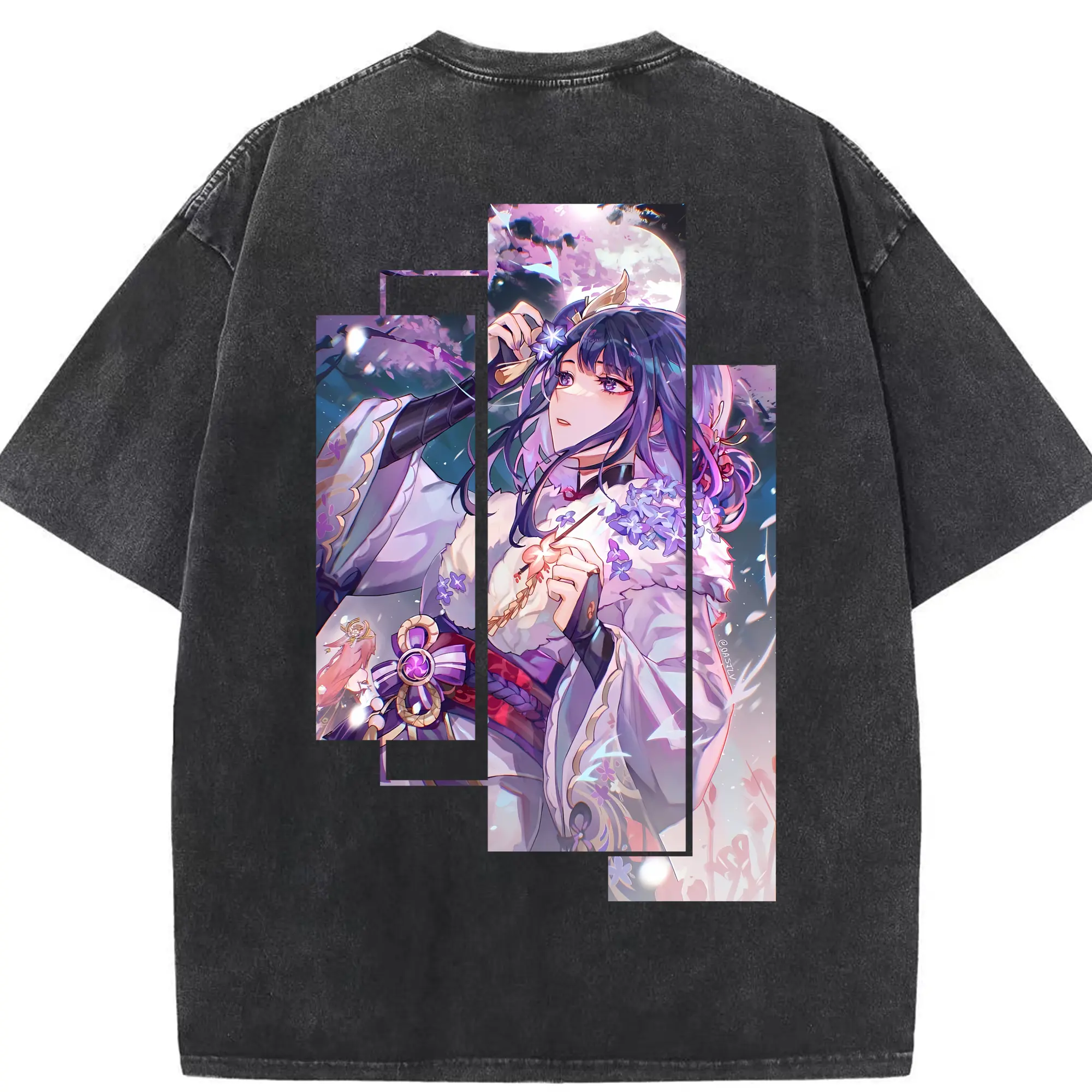 原 神 グッズ 雷電将軍 - 綿100％ ヴィンテージ風 半袖Tシャツ ・ 背面プリント ・ 柔らか肌触り ・ 通気性 快適 ・ スポーツ カジュアル 外出用