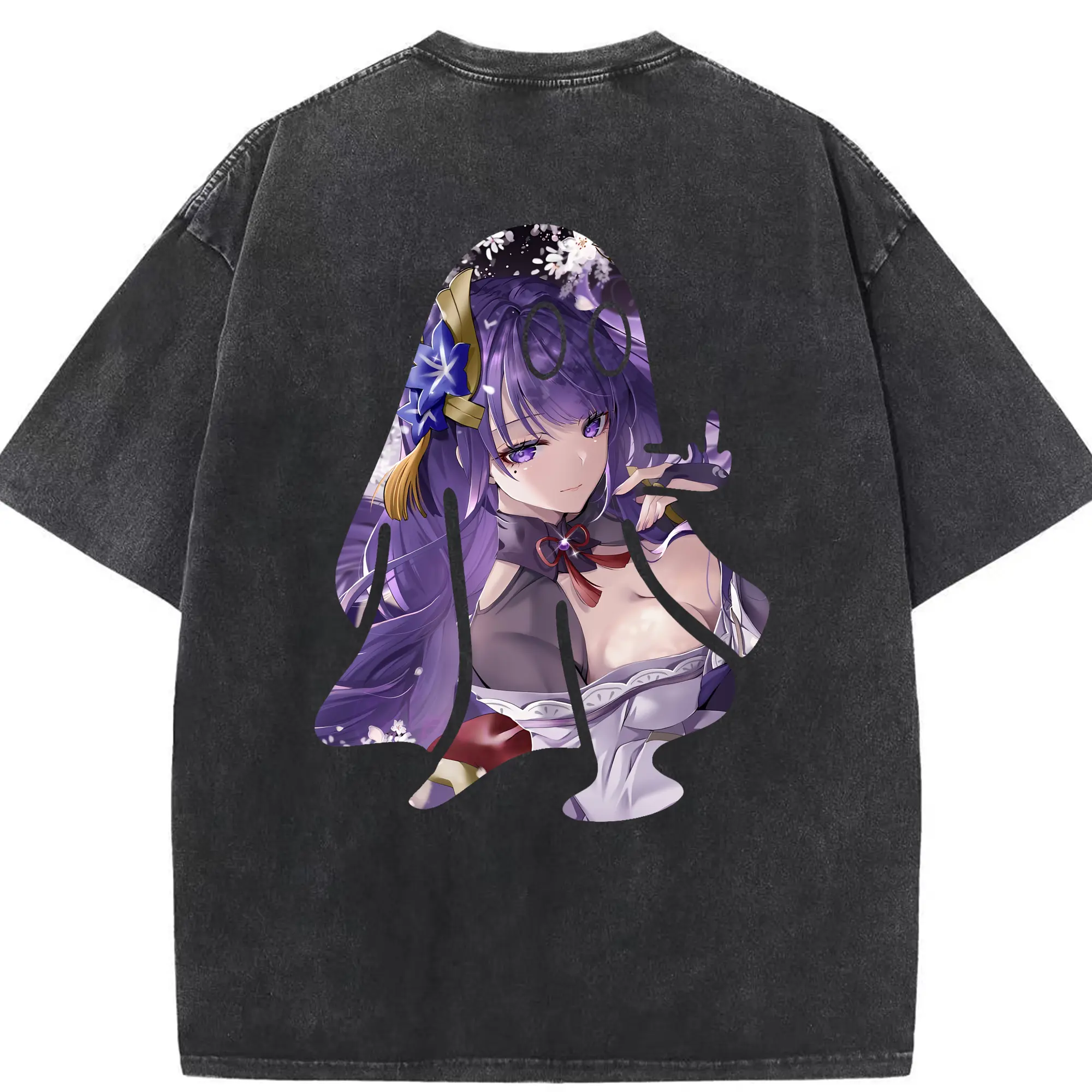 原 神 グッズ 雷電将軍 - 綿100％ ヴィンテージ風 半袖Tシャツ ・ 背面プリント ・ 柔らか肌触り ・ 通気性 快適 ・ スポーツ カジュアル 外出用