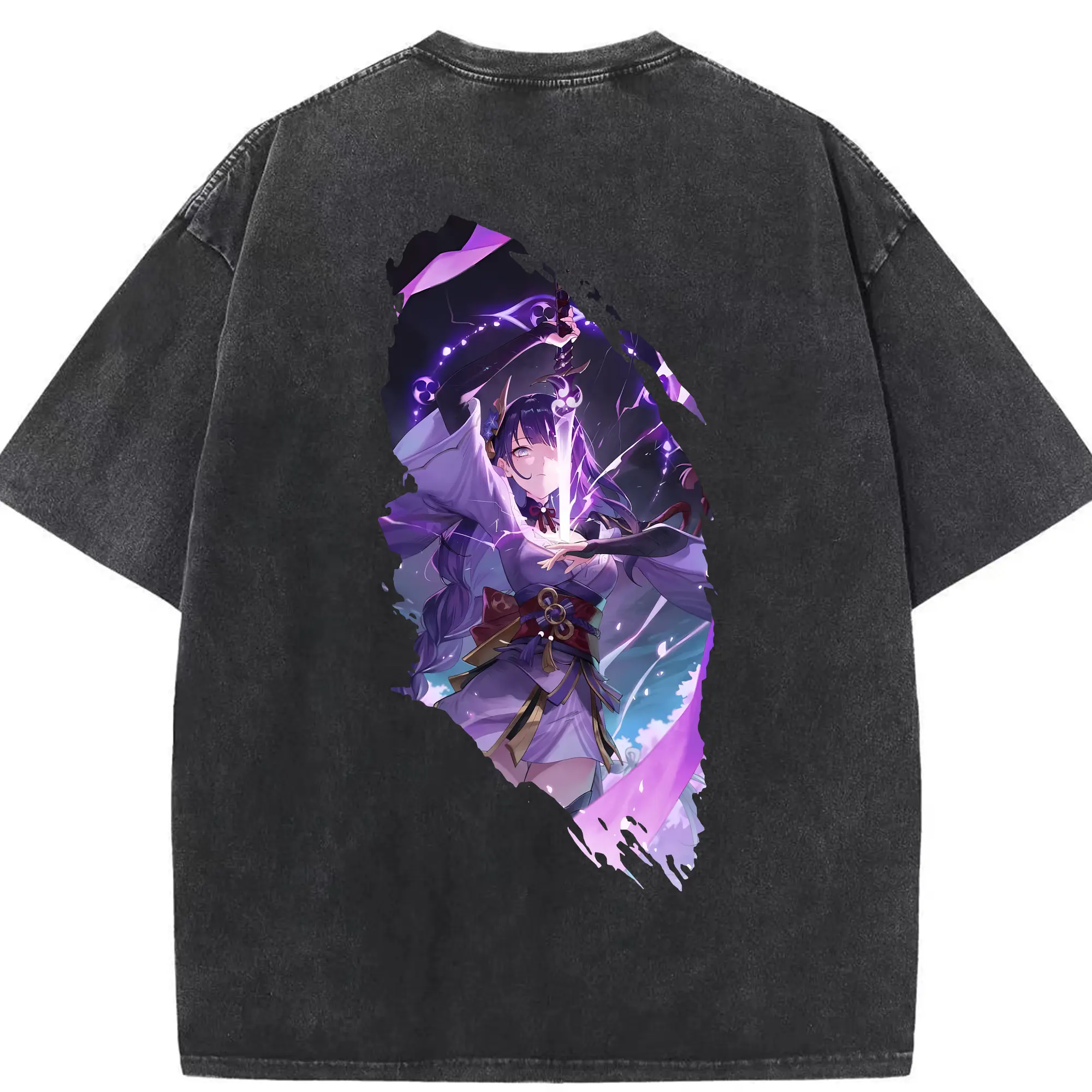 原 神 グッズ 雷電将軍 - 綿100％ ヴィンテージ風 半袖Tシャツ ・ 背面プリント ・ 柔らか肌触り ・ 通気性 快適 ・ スポーツ カジュアル 外出用