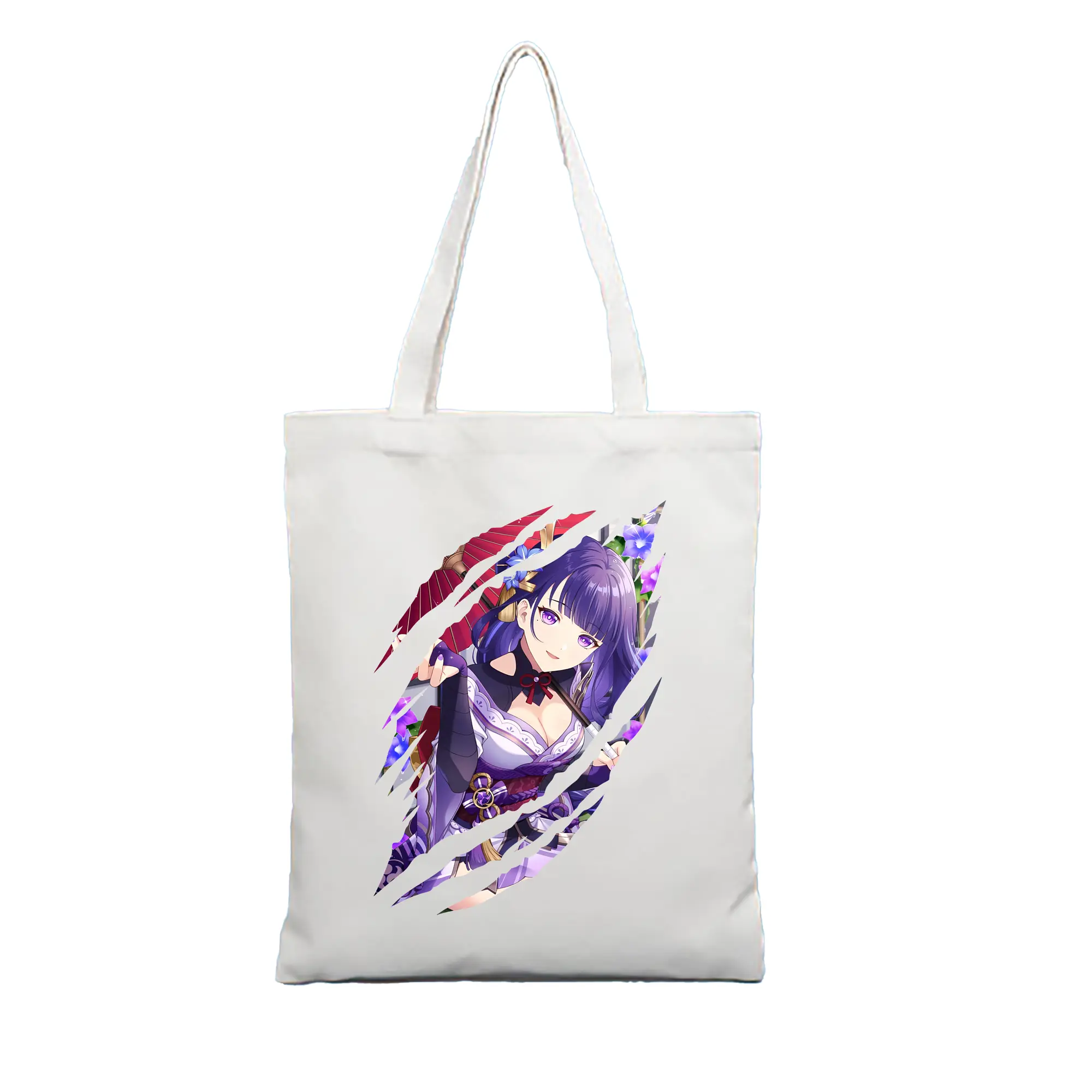 原 神 グッズ 雷電将軍 - 縦型キャンバス手提げバッグ（トートバッグ） ・ キャンバス素材 ・ ショッピング用 ・ 軽量 丈夫 お手入れ簡単