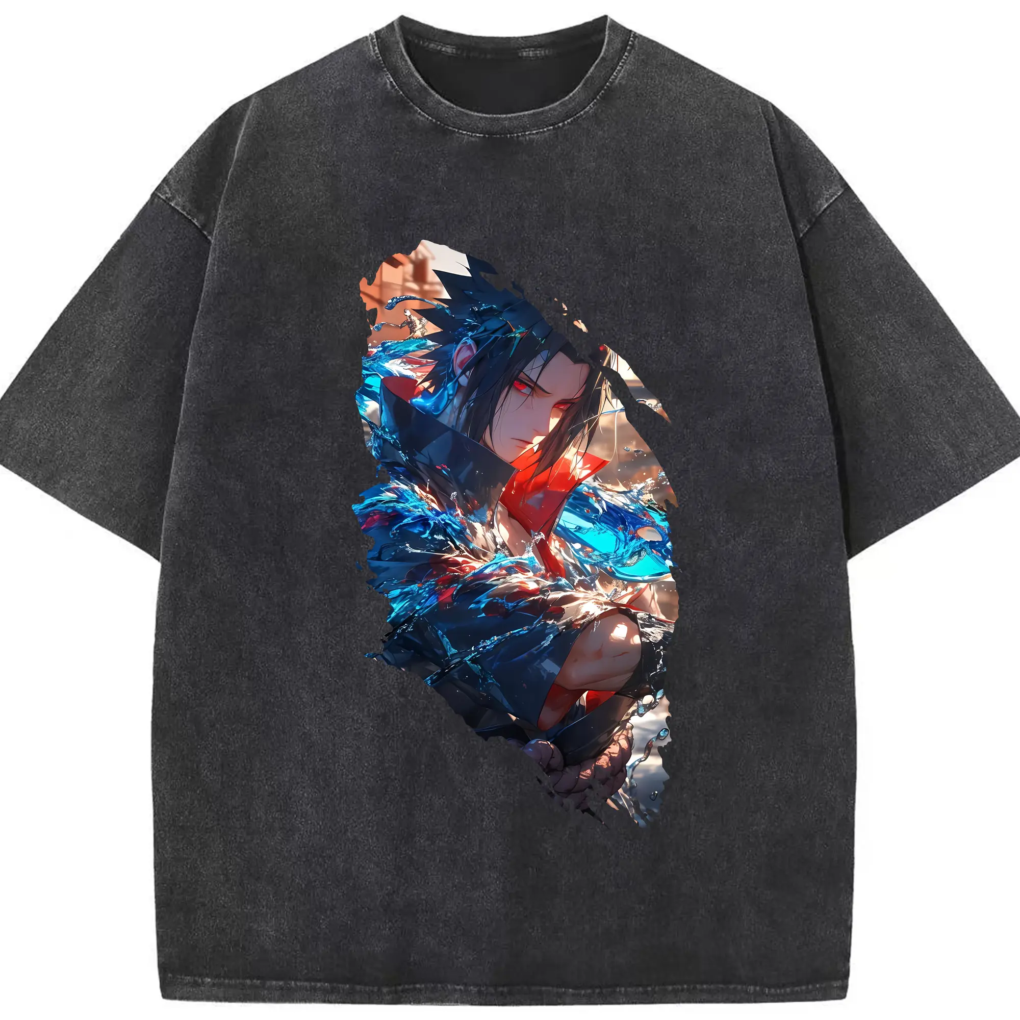 ナルト グッズ うちは サスケ - 綿100％ ヴィンテージ風 半袖Tシャツ ・ フロントプリント ・ 柔らか肌触り ・ 通気性 快適 ・ スポーツ カジュアル 外出用