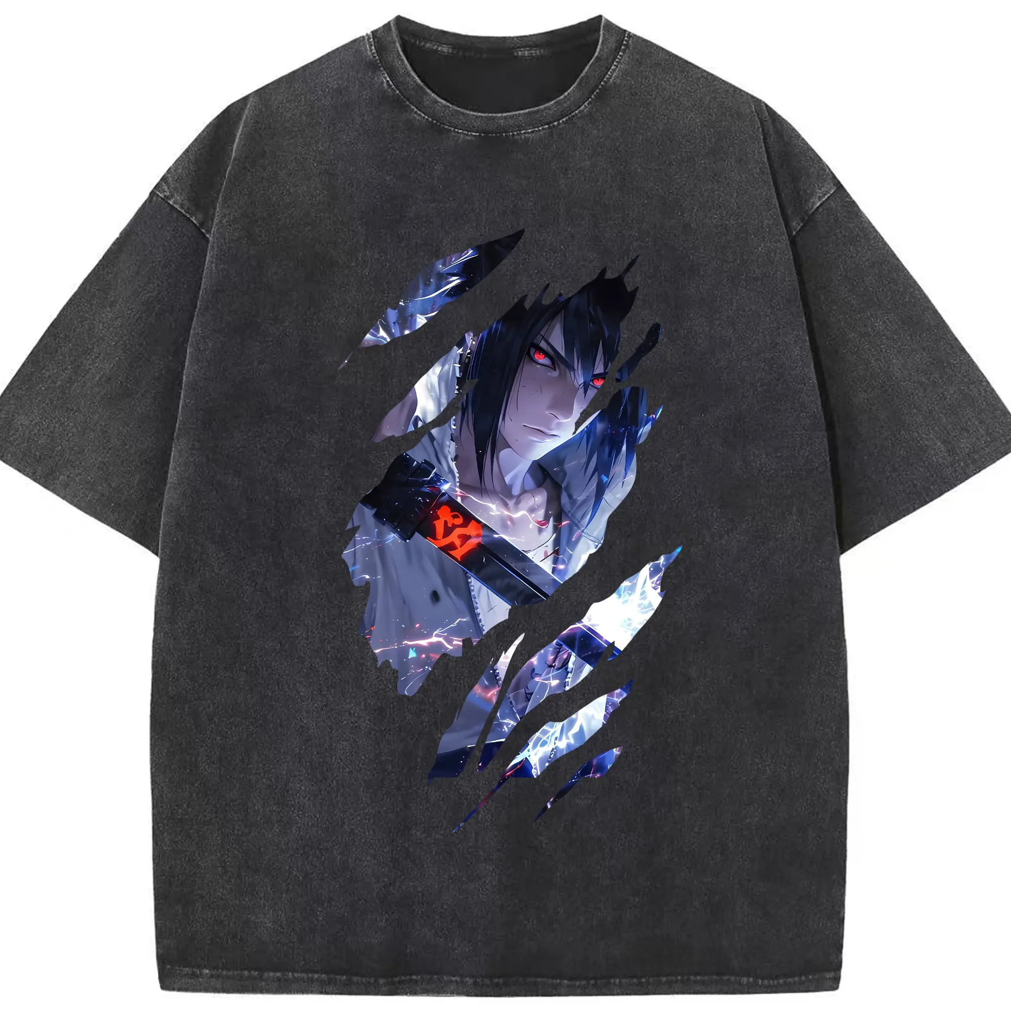 ナルト グッズ うちは サスケ - 綿100％ ヴィンテージ風 半袖Tシャツ ・ フロントプリント ・ 柔らか肌触り ・ 通気性 快適 ・ スポーツ カジュアル 外出用