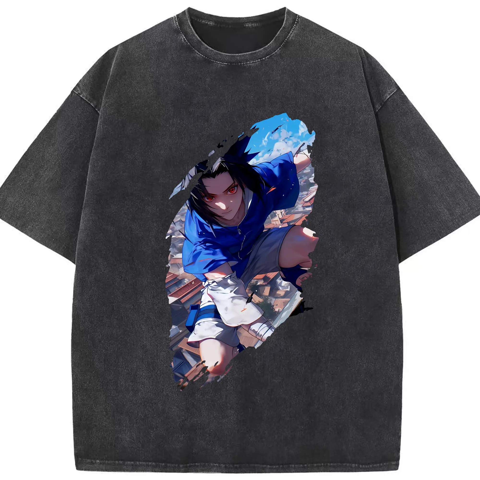 ナルト グッズ うちは サスケ - 綿100％ ヴィンテージ風 半袖Tシャツ ・ フロントプリント ・ 柔らか肌触り ・ 通気性 快適 ・ スポーツ カジュアル 外出用