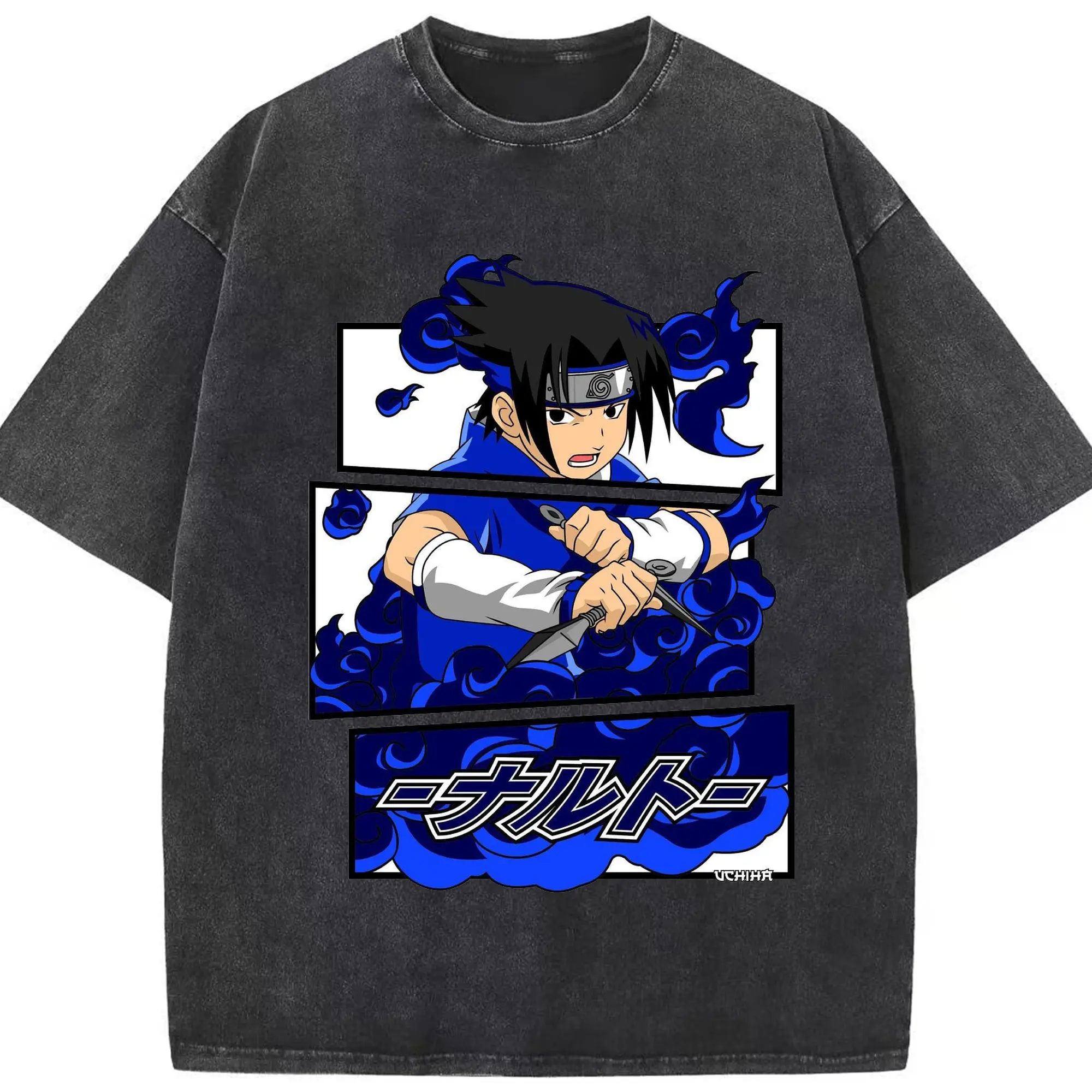 ナルト グッズ うちは サスケ - 綿100％ ヴィンテージ風 半袖Tシャツ ・ フロントプリント ・ 柔らか肌触り ・ 通気性 快適 ・ スポーツ カジュアル 外出用