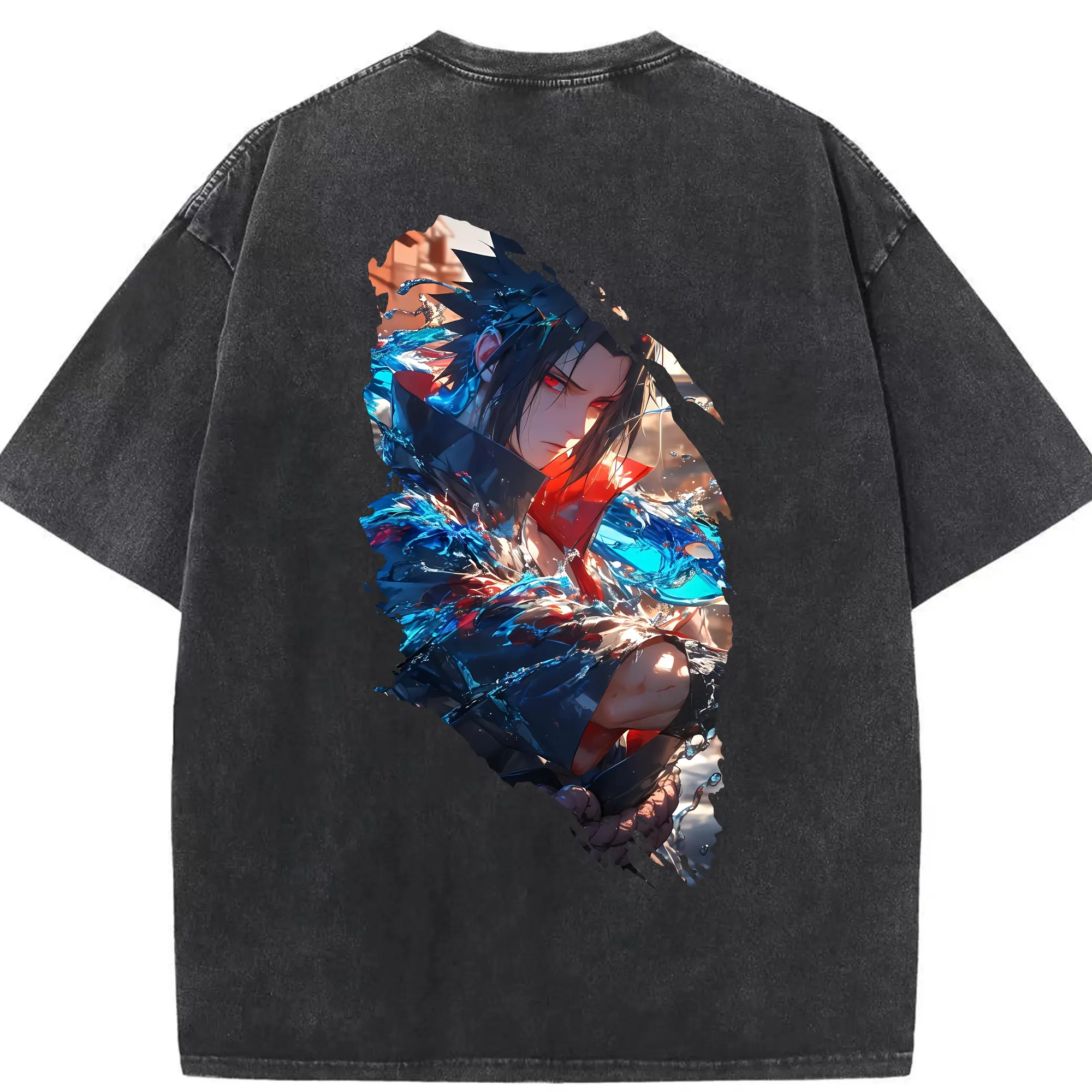 ナルト グッズ うちは サスケ - 綿100％ ヴィンテージ風 半袖Tシャツ ・ 背面プリント ・ 柔らか肌触り ・ 通気性 快適 ・ スポーツ カジュアル 外出用