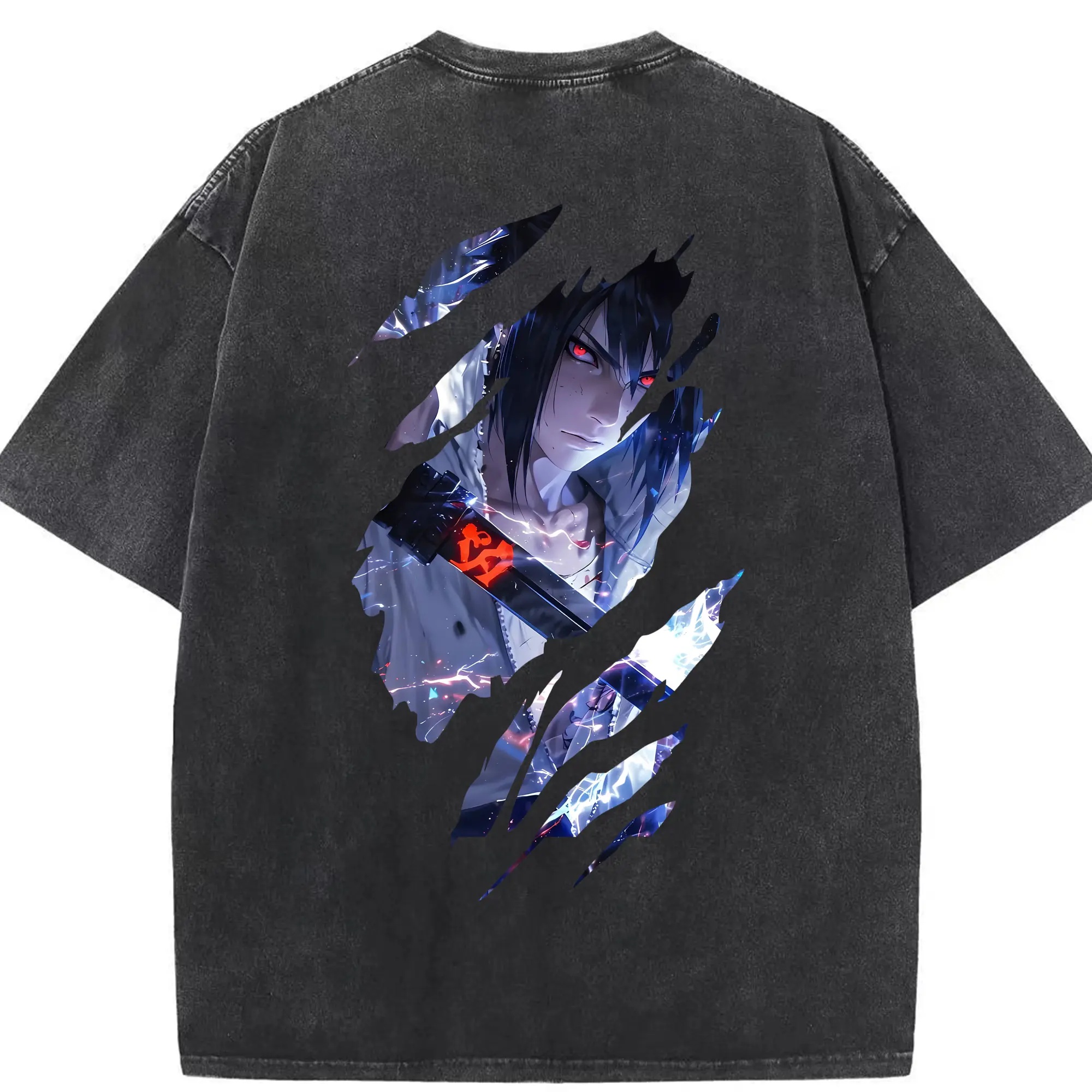 ナルト グッズ うちは サスケ - 綿100％ ヴィンテージ風 半袖Tシャツ ・ 背面プリント ・ 柔らか肌触り ・ 通気性 快適 ・ スポーツ カジュアル 外出用