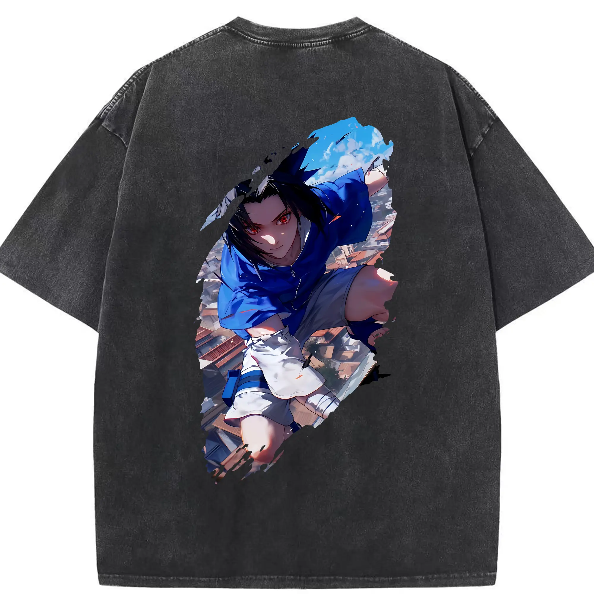 ナルト グッズ うちは サスケ - 綿100％ ヴィンテージ風 半袖Tシャツ ・ 背面プリント ・ 柔らか肌触り ・ 通気性 快適 ・ スポーツ カジュアル 外出用