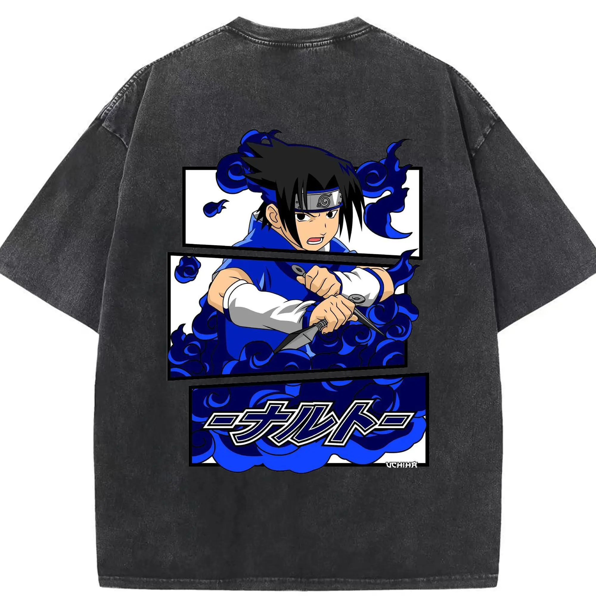 ナルト グッズ うちは サスケ - 綿100％ ヴィンテージ風 半袖Tシャツ ・ 背面プリント ・ 柔らか肌触り ・ 通気性 快適 ・ スポーツ カジュアル 外出用