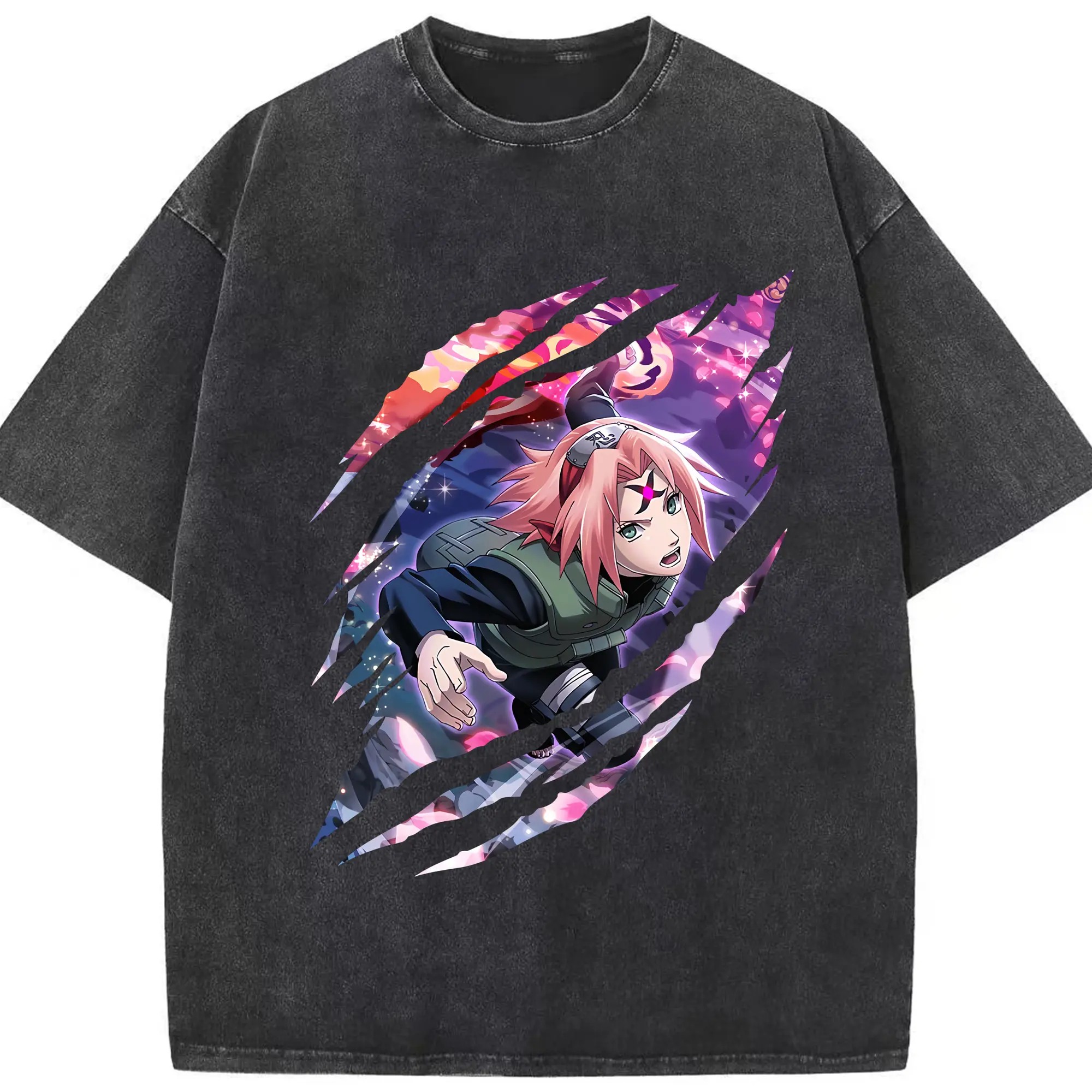 ナルト グッズ はるの さくら - 綿100％ ヴィンテージ風 半袖Tシャツ ・ フロントプリント ・ 柔らか肌触り ・ 通気性 快適 ・ スポーツ カジュアル 外出用