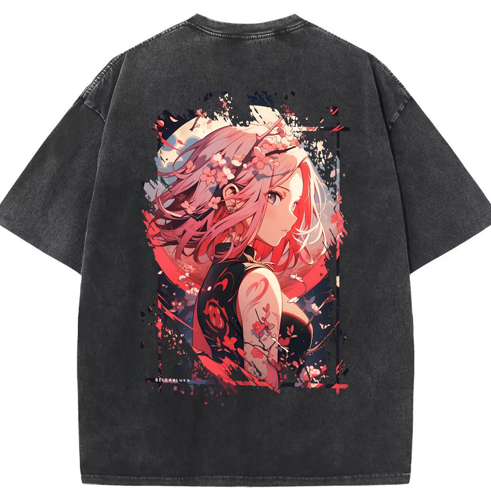 ナルト グッズ はるの さくら - 綿100％ ヴィンテージ風 半袖Tシャツ ・ 背面プリント ・ 柔らか肌触り ・ 通気性 快適 ・ スポーツ カジュアル 外出用