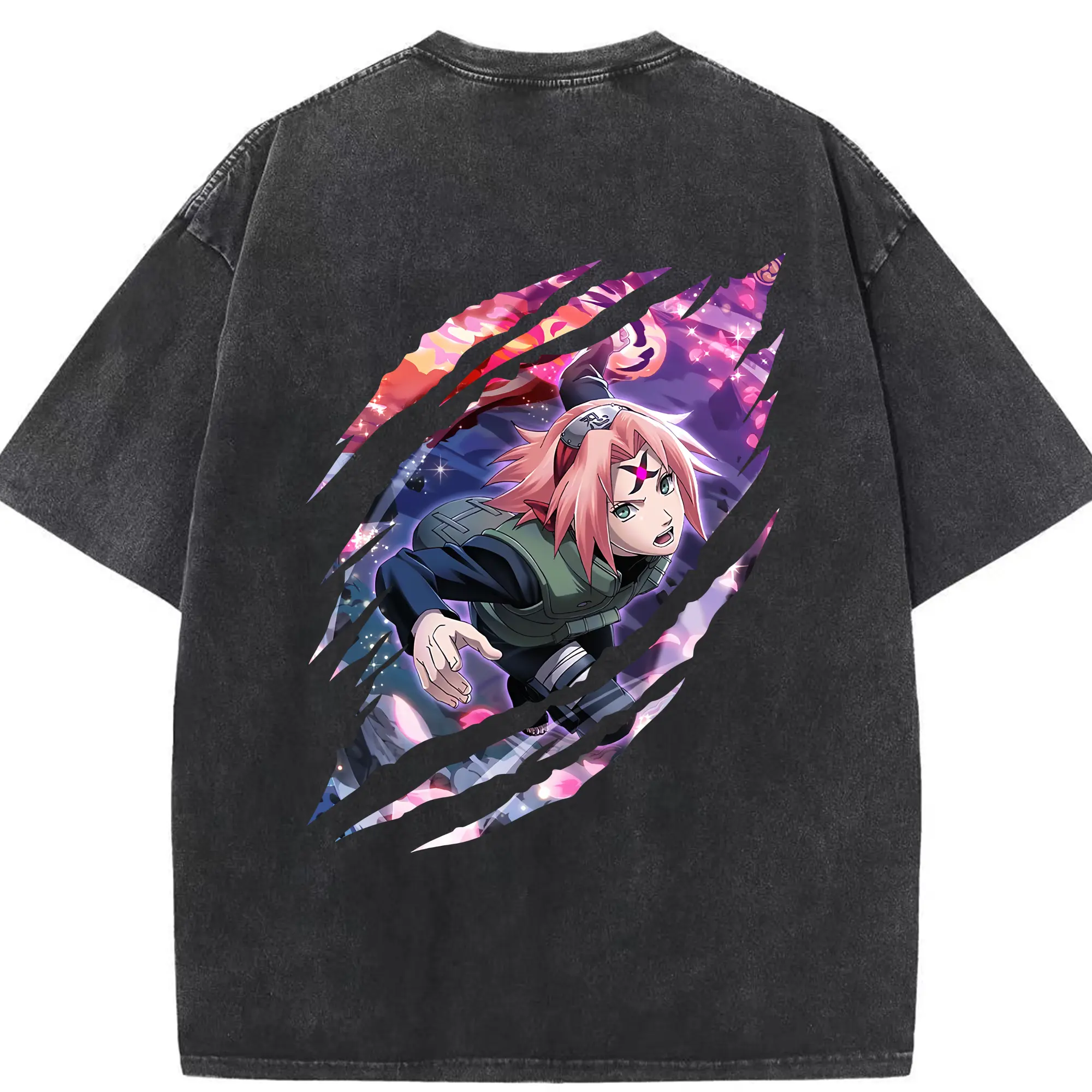 ナルト グッズ はるの さくら - 綿100％ ヴィンテージ風 半袖Tシャツ ・ 背面プリント ・ 柔らか肌触り ・ 通気性 快適 ・ スポーツ カジュアル 外出用