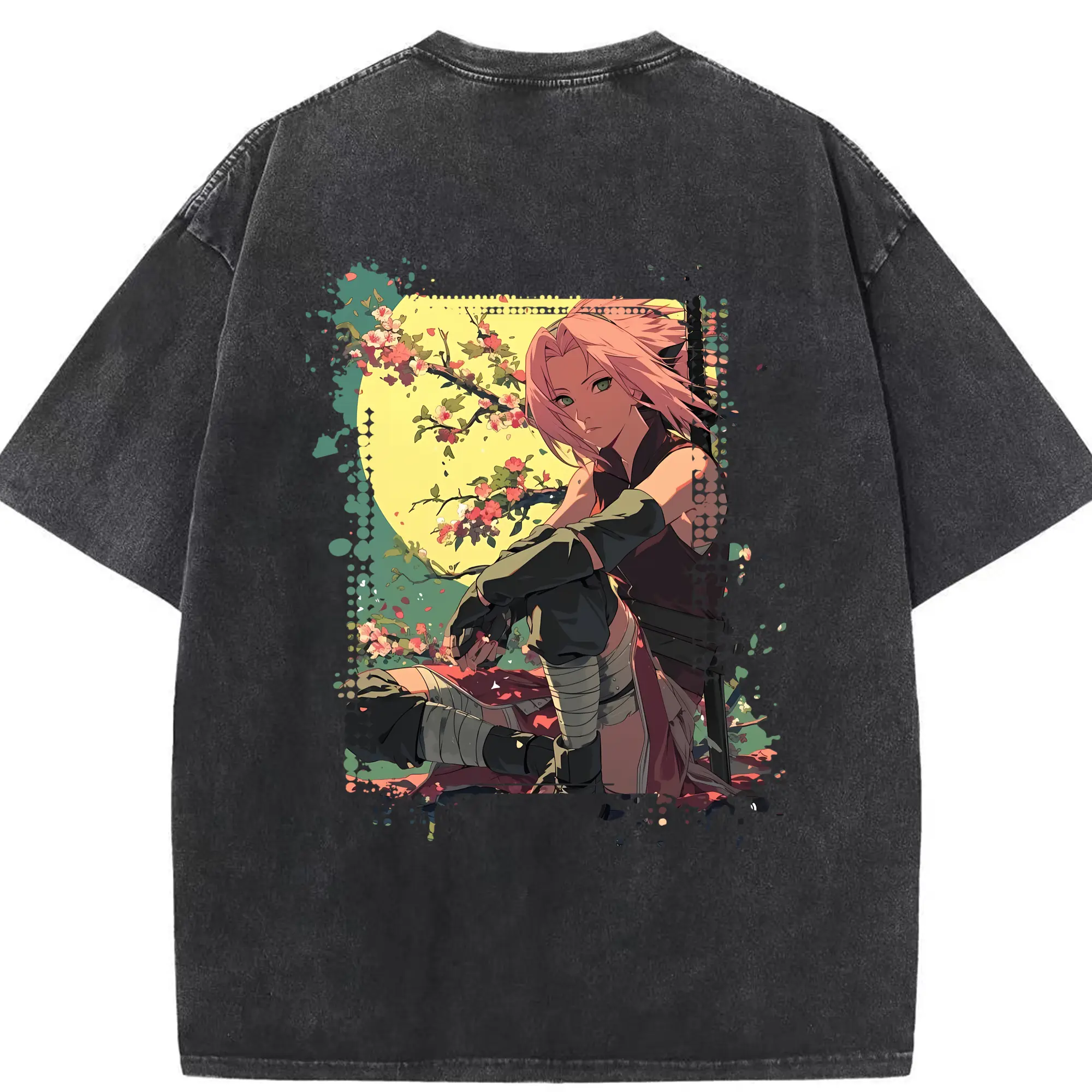 ナルト グッズ はるの さくら - 綿100％ ヴィンテージ風 半袖Tシャツ ・ 背面プリント ・ 柔らか肌触り ・ 通気性 快適 ・ スポーツ カジュアル 外出用