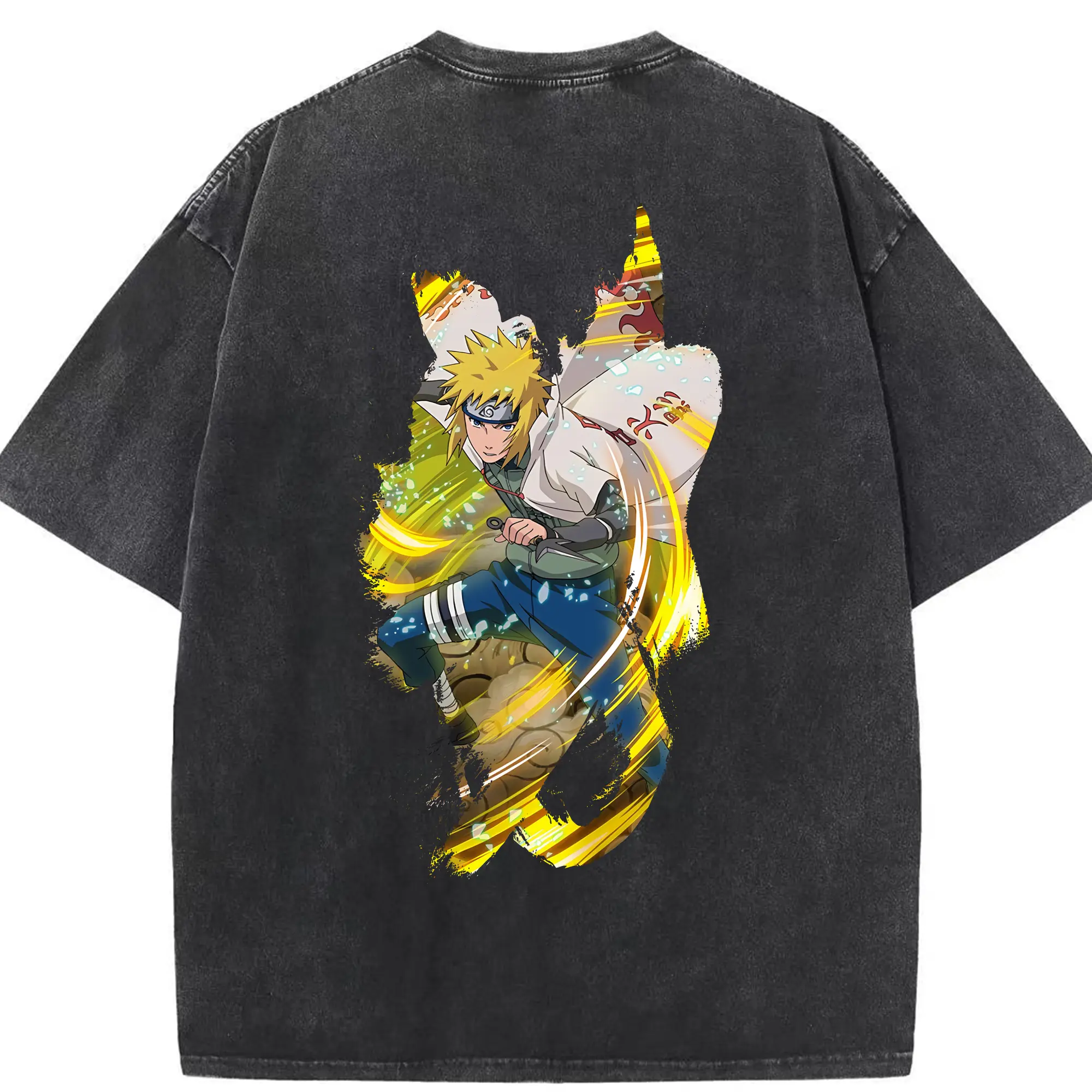 ナルト グッズ 波風 ミナト - 綿100％ ヴィンテージ風 半袖Tシャツ ・ 背面プリント ・ 柔らか肌触り ・ 通気性 快適 ・ スポーツ カジュアル 外出用