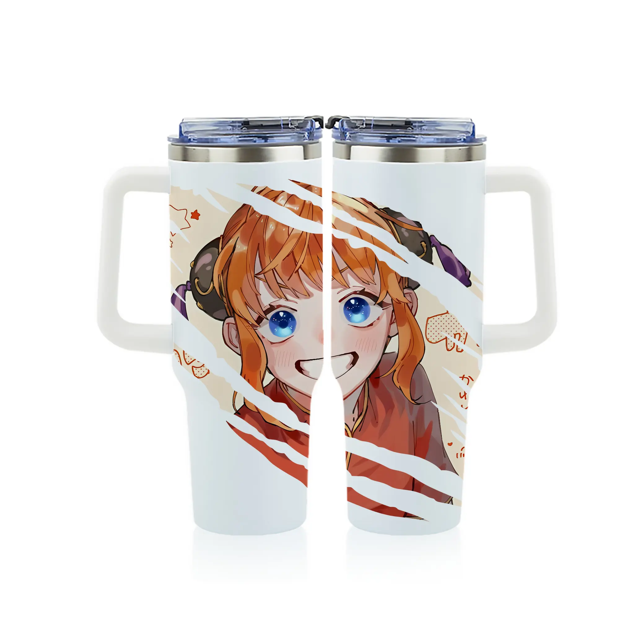 銀魂 グッズ 神楽 - 1200mL フルプリント車用タンブラー ・ 304ステンレス 内側 ・ 201ステンレス 外側 ・ 保温 保冷 ・ 通勤 ドライブ アウトドア用