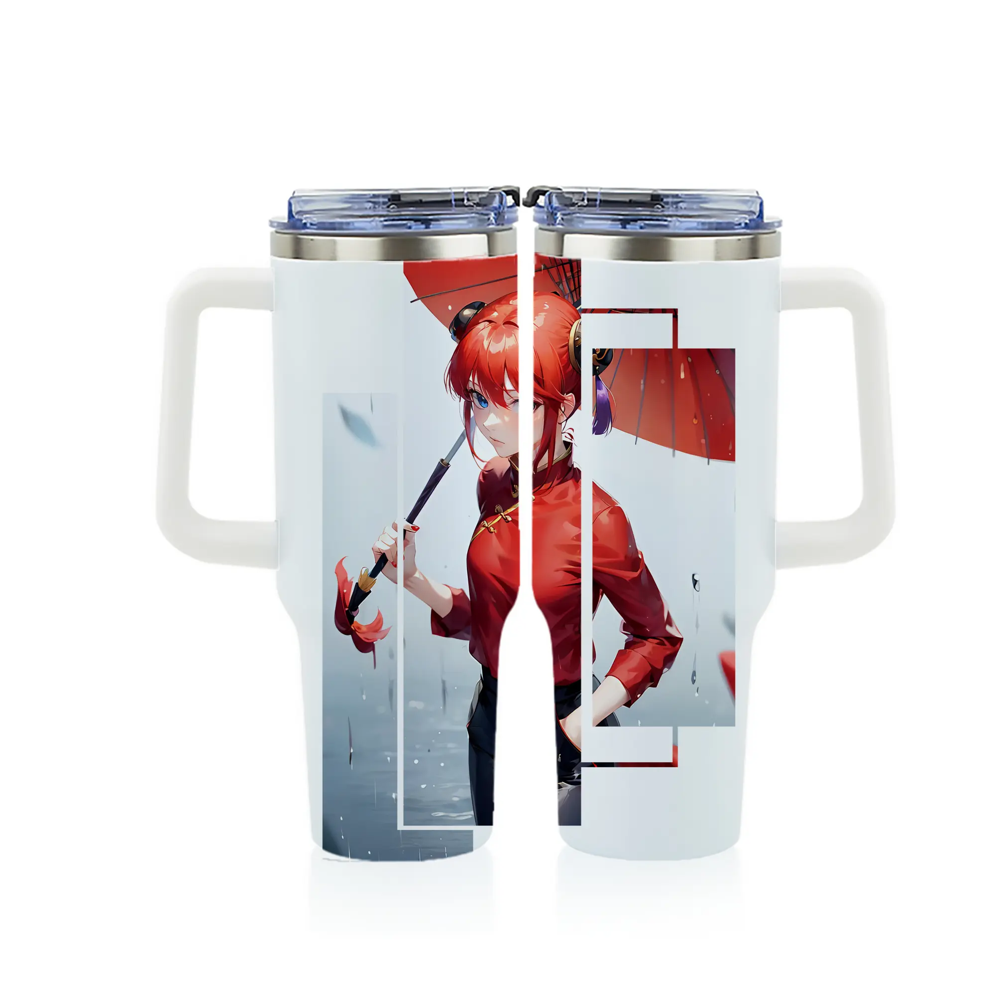 銀魂 グッズ 神楽 - 1200mL フルプリント車用タンブラー ・ 304ステンレス 内側 ・ 201ステンレス 外側 ・ 保温 保冷 ・ 通勤 ドライブ アウトドア用