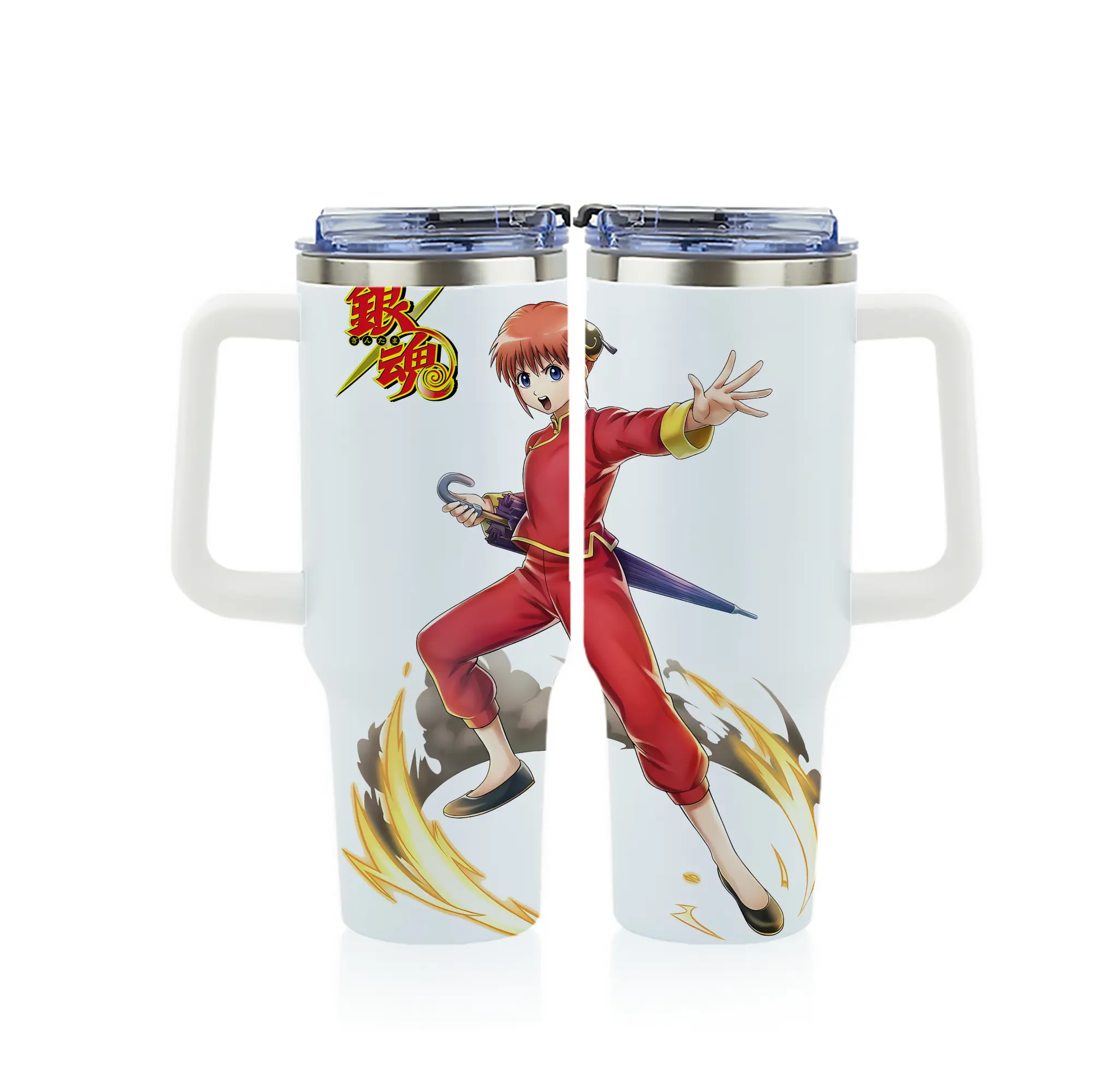 銀魂 グッズ 神楽 - 1200mL フルプリント車用タンブラー ・ 304ステンレス 内側 ・ 201ステンレス 外側 ・ 保温 保冷 ・ 通勤 ドライブ アウトドア用