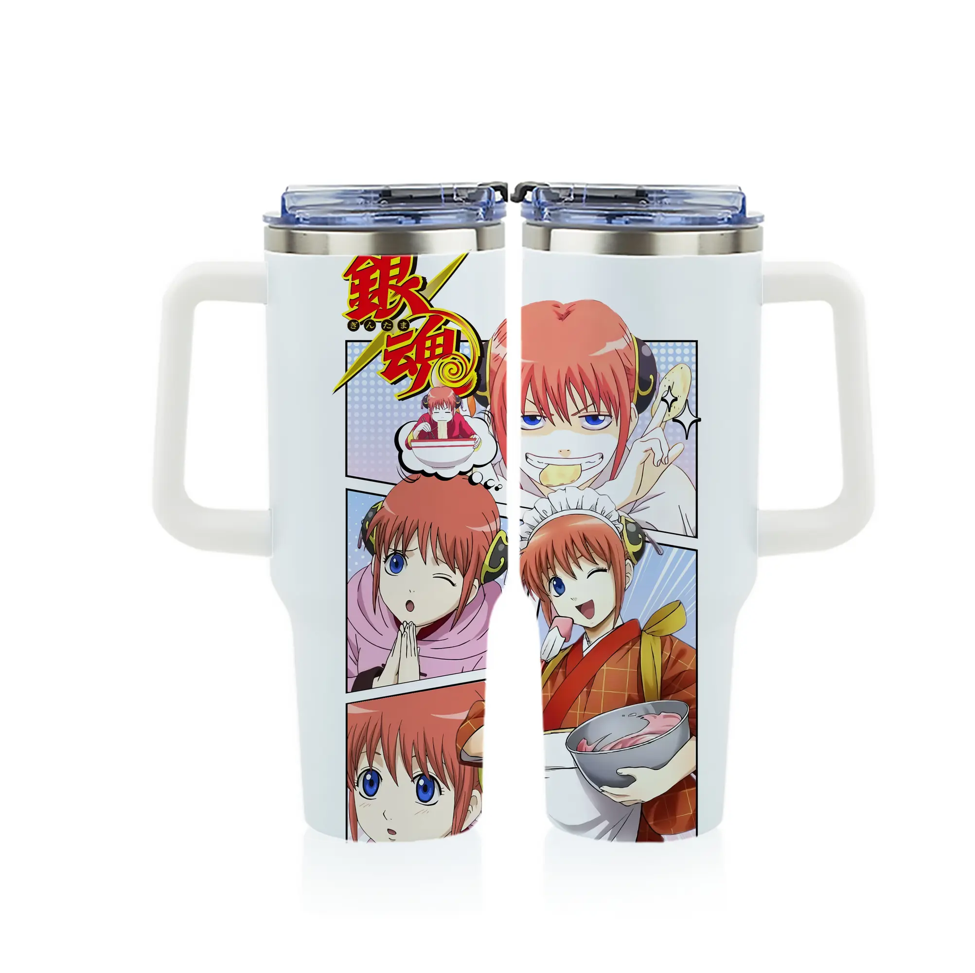 銀魂 グッズ 神楽 - 1200mL フルプリント車用タンブラー ・ 304ステンレス 内側 ・ 201ステンレス 外側 ・ 保温 保冷 ・ 通勤 ドライブ アウトドア用