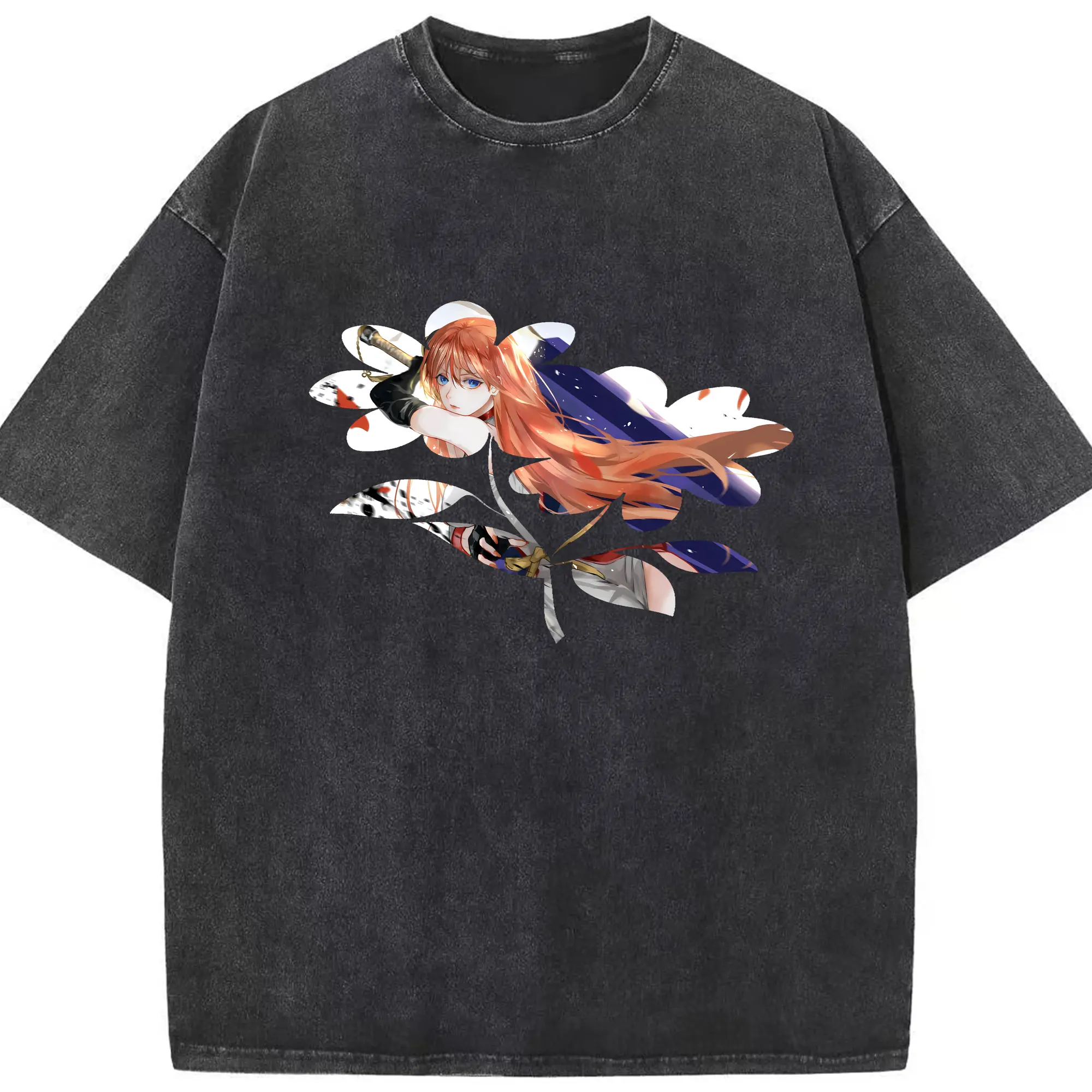 銀魂 グッズ 神楽 - 綿100％ ヴィンテージ風 半袖Tシャツ ・ フロントプリント ・ 柔らか肌触り ・ 通気性 快適 ・ スポーツ カジュアル 外出用