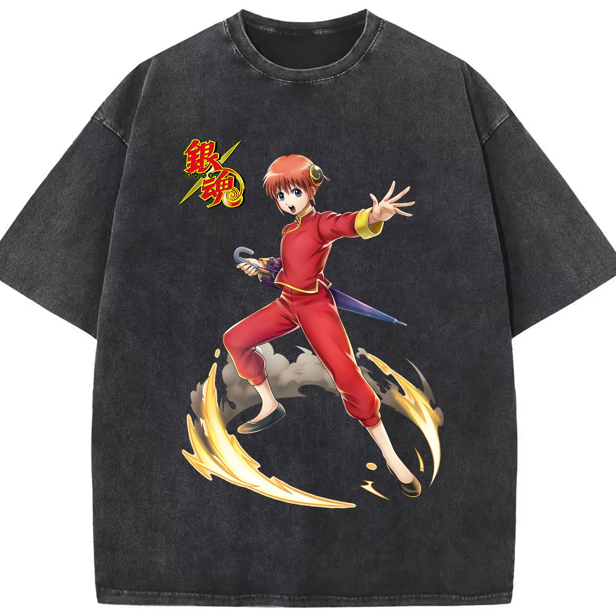 銀魂 グッズ 神楽 - 綿100％ ヴィンテージ風 半袖Tシャツ ・ フロントプリント ・ 柔らか肌触り ・ 通気性 快適 ・ スポーツ カジュアル 外出用