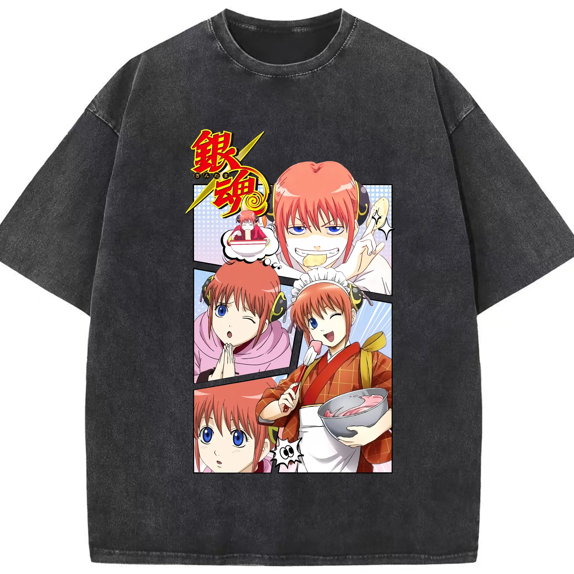 銀魂 グッズ 神楽 - 綿100％ ヴィンテージ風 半袖Tシャツ ・ フロントプリント ・ 柔らか肌触り ・ 通気性 快適 ・ スポーツ カジュアル 外出用
