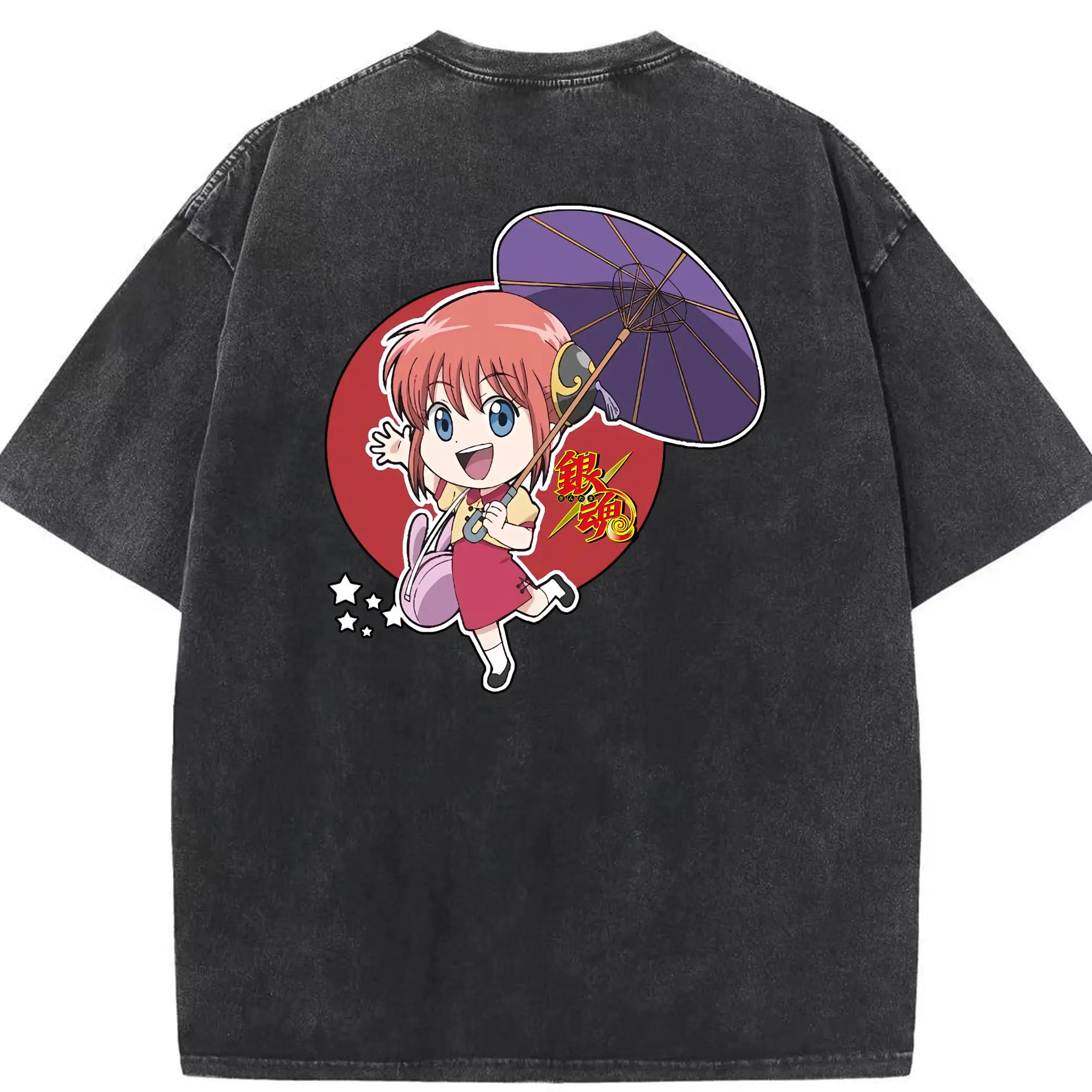 銀魂 グッズ 神楽 - 綿100％ ヴィンテージ風 半袖Tシャツ ・ 背面プリント ・ 柔らか肌触り ・ 通気性 快適 ・ スポーツ カジュアル 外出用