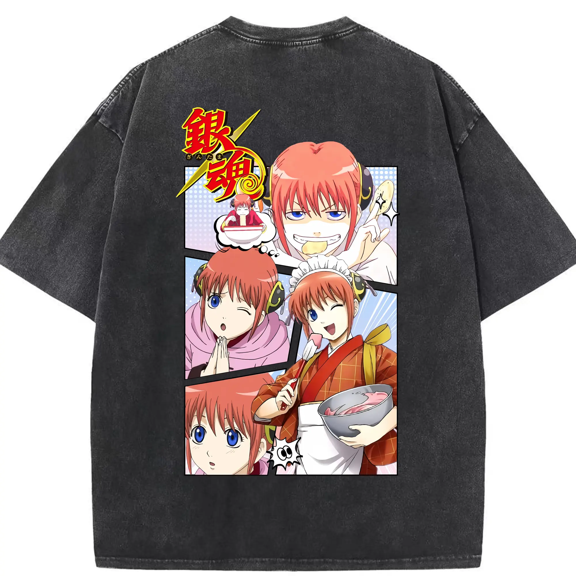 銀魂 グッズ 神楽 - 綿100％ ヴィンテージ風 半袖Tシャツ ・ 背面プリント ・ 柔らか肌触り ・ 通気性 快適 ・ スポーツ カジュアル 外出用