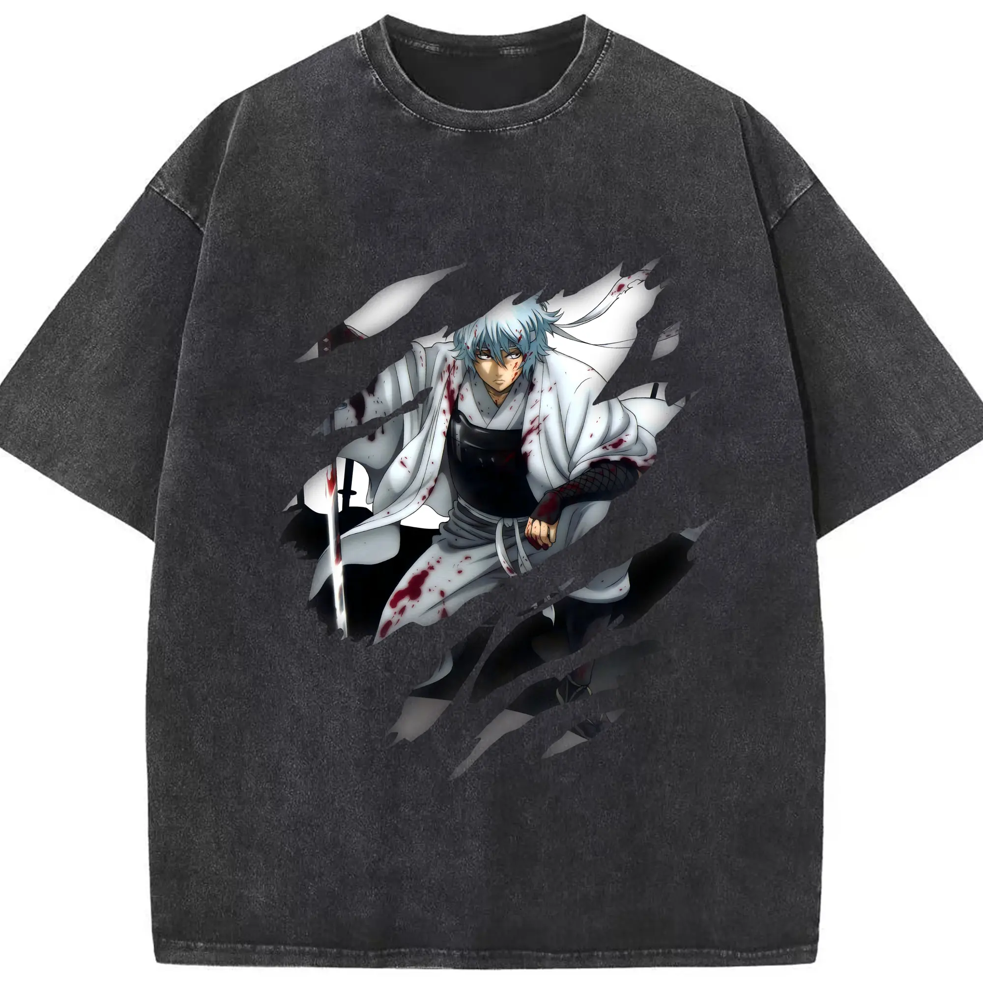 銀魂 グッズ 坂田 銀時 - 綿100％ ヴィンテージ風 半袖Tシャツ ・ フロントプリント ・ 柔らか肌触り ・ 通気性 快適 ・ スポーツ カジュアル 外出用