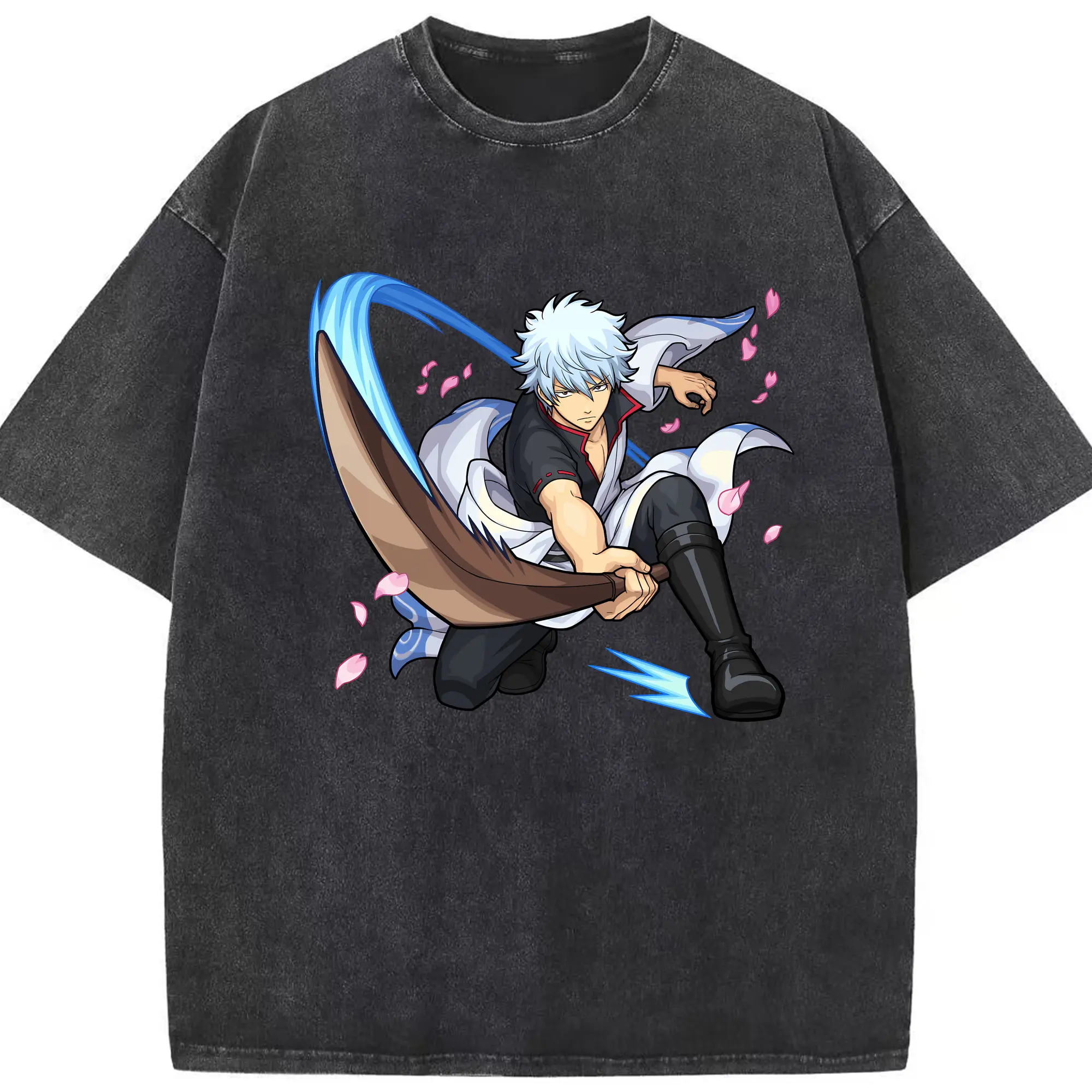 銀魂 グッズ 坂田 銀時 - 綿100％ ヴィンテージ風 半袖Tシャツ ・ フロントプリント ・ 柔らか肌触り ・ 通気性 快適 ・ スポーツ カジュアル 外出用