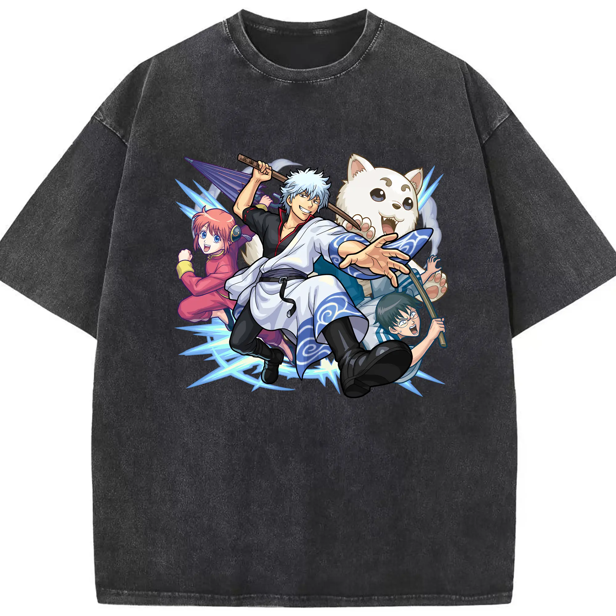 銀魂 グッズ 坂田 銀時 - 綿100％ ヴィンテージ風 半袖Tシャツ ・ フロントプリント ・ 柔らか肌触り ・ 通気性 快適 ・ スポーツ カジュアル 外出用