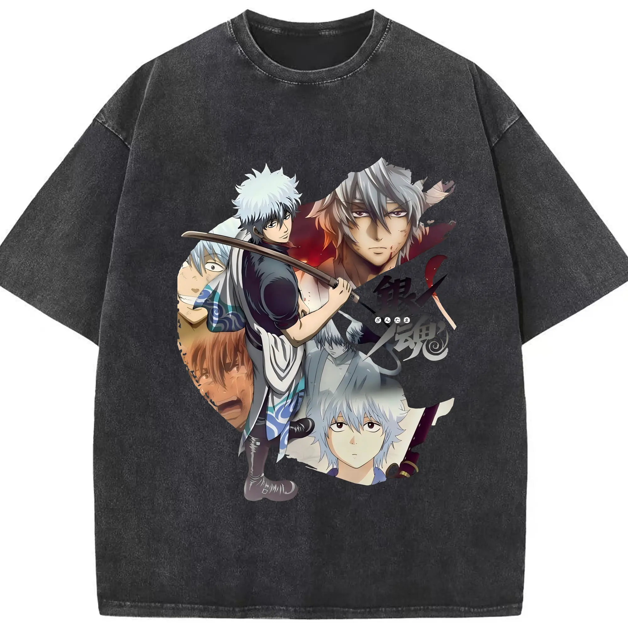 銀魂 グッズ 坂田 銀時 - 綿100％ ヴィンテージ風 半袖Tシャツ ・ フロントプリント ・ 柔らか肌触り ・ 通気性 快適 ・ スポーツ カジュアル 外出用