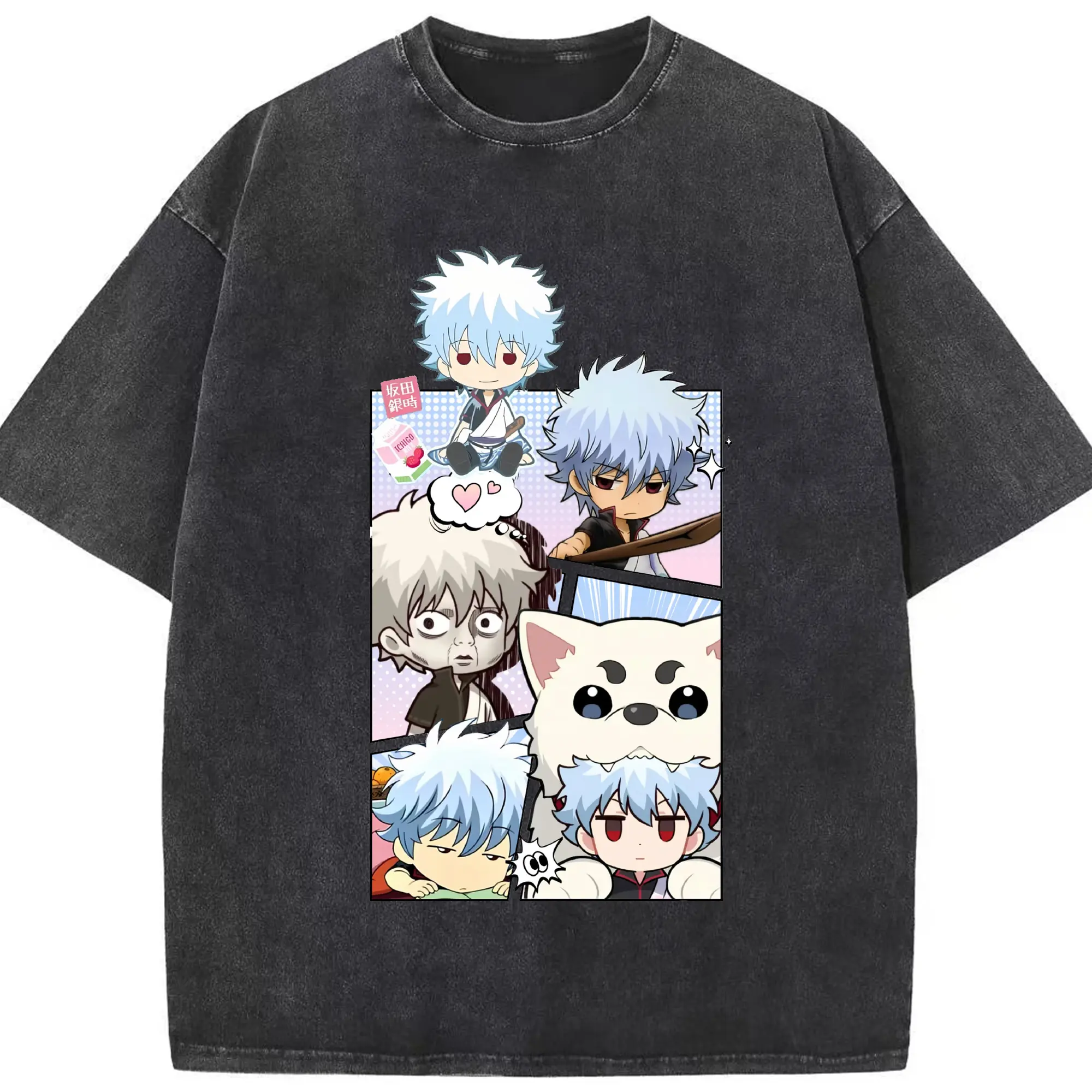 銀魂 グッズ 坂田 銀時 - 綿100％ ヴィンテージ風 半袖Tシャツ ・ フロントプリント ・ 柔らか肌触り ・ 通気性 快適 ・ スポーツ カジュアル 外出用