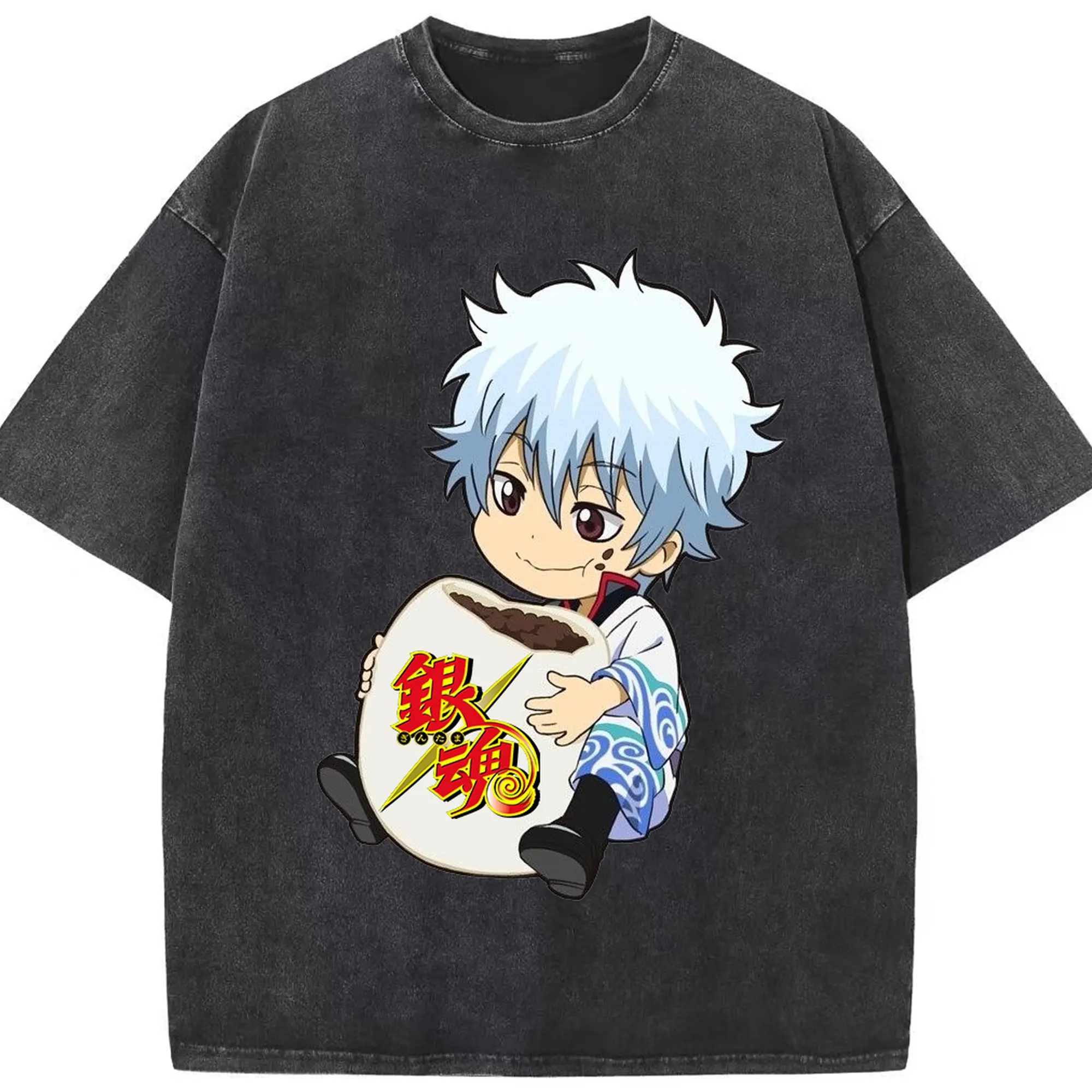 銀魂 グッズ 坂田 銀時 - 綿100％ ヴィンテージ風 半袖Tシャツ ・ フロントプリント ・ 柔らか肌触り ・ 通気性 快適 ・ スポーツ カジュアル 外出用