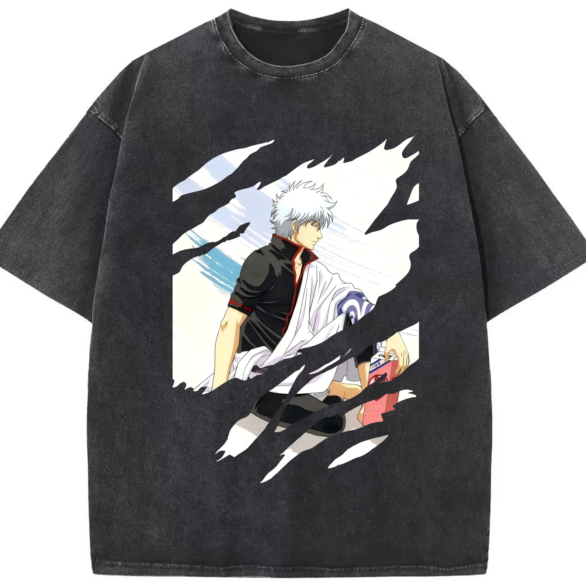 銀魂 グッズ 坂田 銀時 - 綿100％ ヴィンテージ風 半袖Tシャツ ・ フロントプリント ・ 柔らか肌触り ・ 通気性 快適 ・ スポーツ カジュアル 外出用