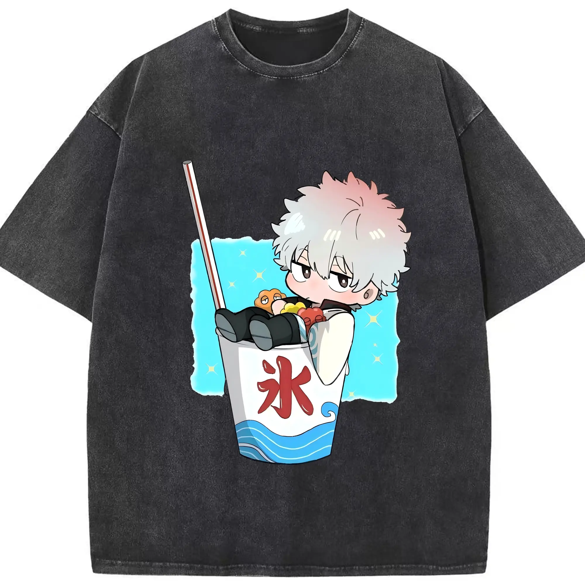 銀魂 グッズ 坂田 銀時 - 綿100％ ヴィンテージ風 半袖Tシャツ ・ フロントプリント ・ 柔らか肌触り ・ 通気性 快適 ・ スポーツ カジュアル 外出用