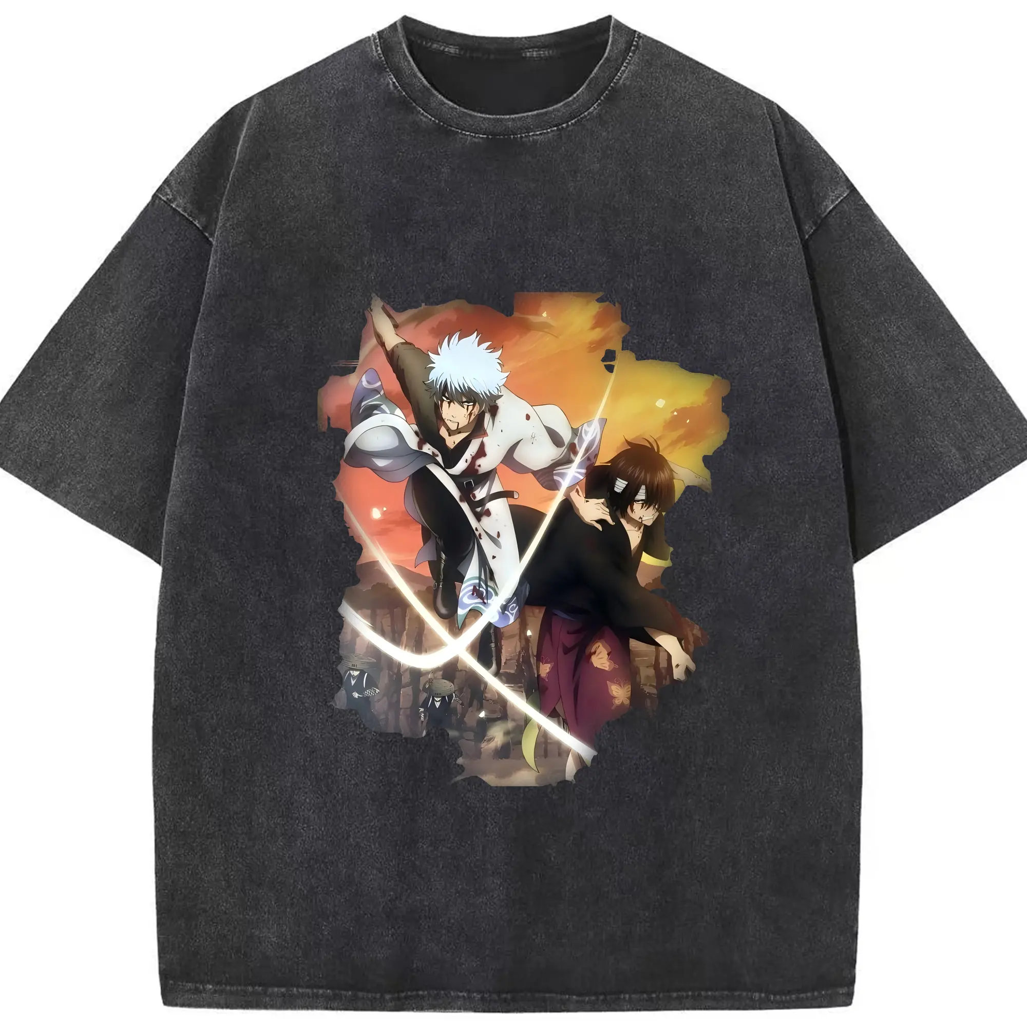 銀魂 グッズ 坂田 銀時 - 綿100％ ヴィンテージ風 半袖Tシャツ ・ フロントプリント ・ 柔らか肌触り ・ 通気性 快適 ・ スポーツ カジュアル 外出用