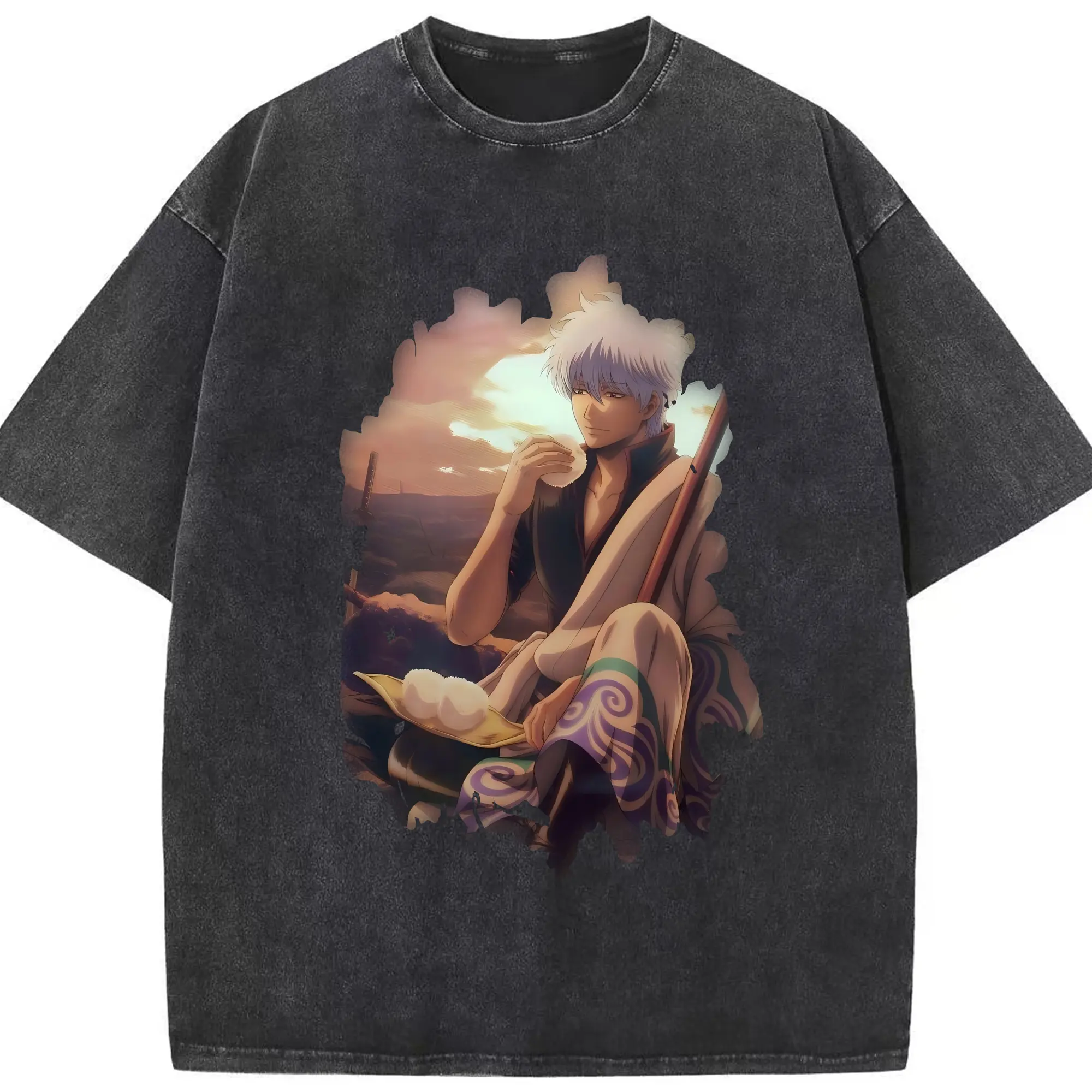 銀魂 グッズ 坂田 銀時 - 綿100％ ヴィンテージ風 半袖Tシャツ ・ フロントプリント ・ 柔らか肌触り ・ 通気性 快適 ・ スポーツ カジュアル 外出用