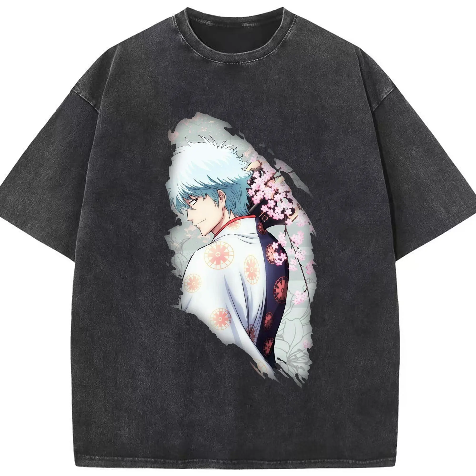 銀魂 グッズ 坂田 銀時 - 綿100％ ヴィンテージ風 半袖Tシャツ ・ フロントプリント ・ 柔らか肌触り ・ 通気性 快適 ・ スポーツ カジュアル 外出用