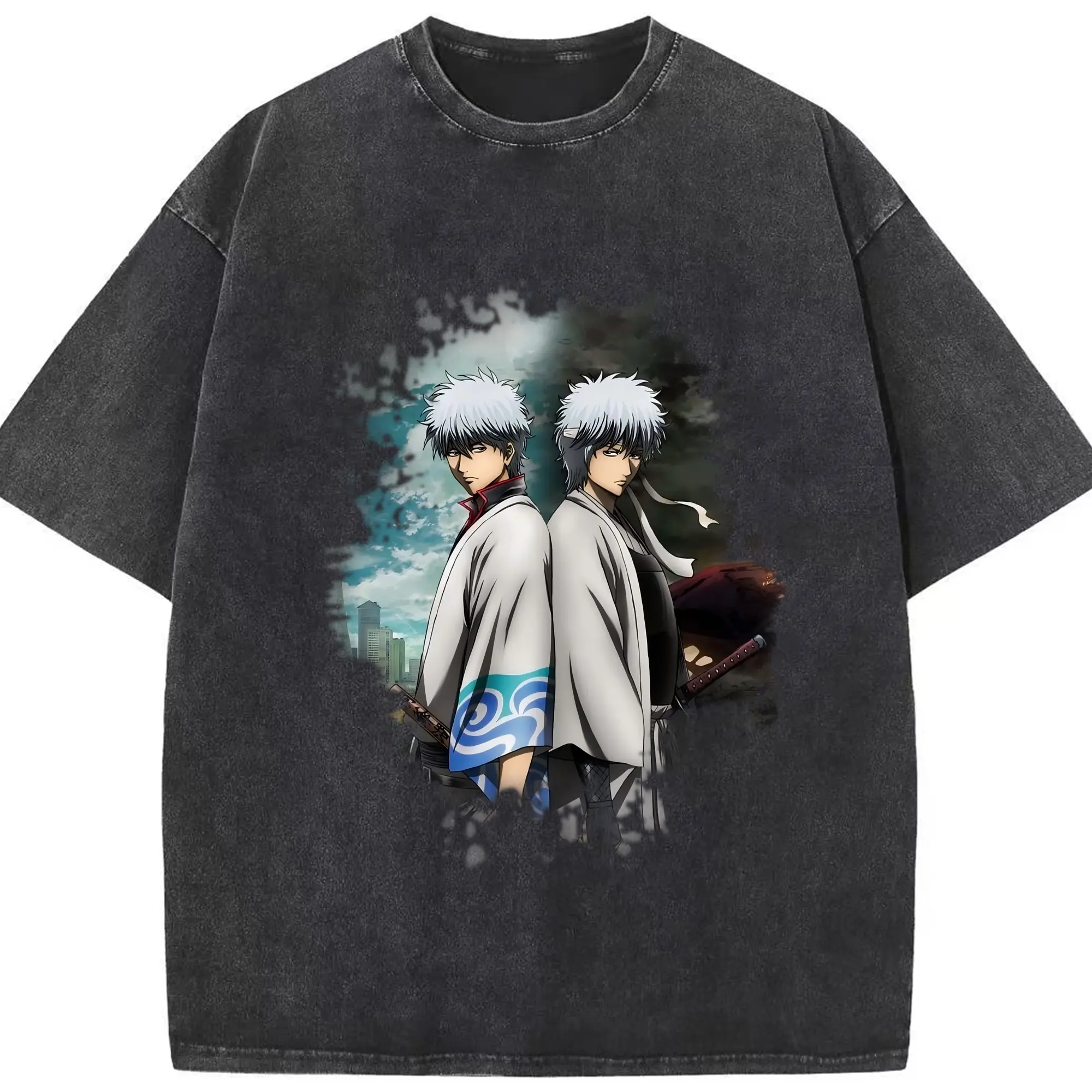 銀魂 グッズ 坂田 銀時 - 綿100％ ヴィンテージ風 半袖Tシャツ ・ フロントプリント ・ 柔らか肌触り ・ 通気性 快適 ・ スポーツ カジュアル 外出用